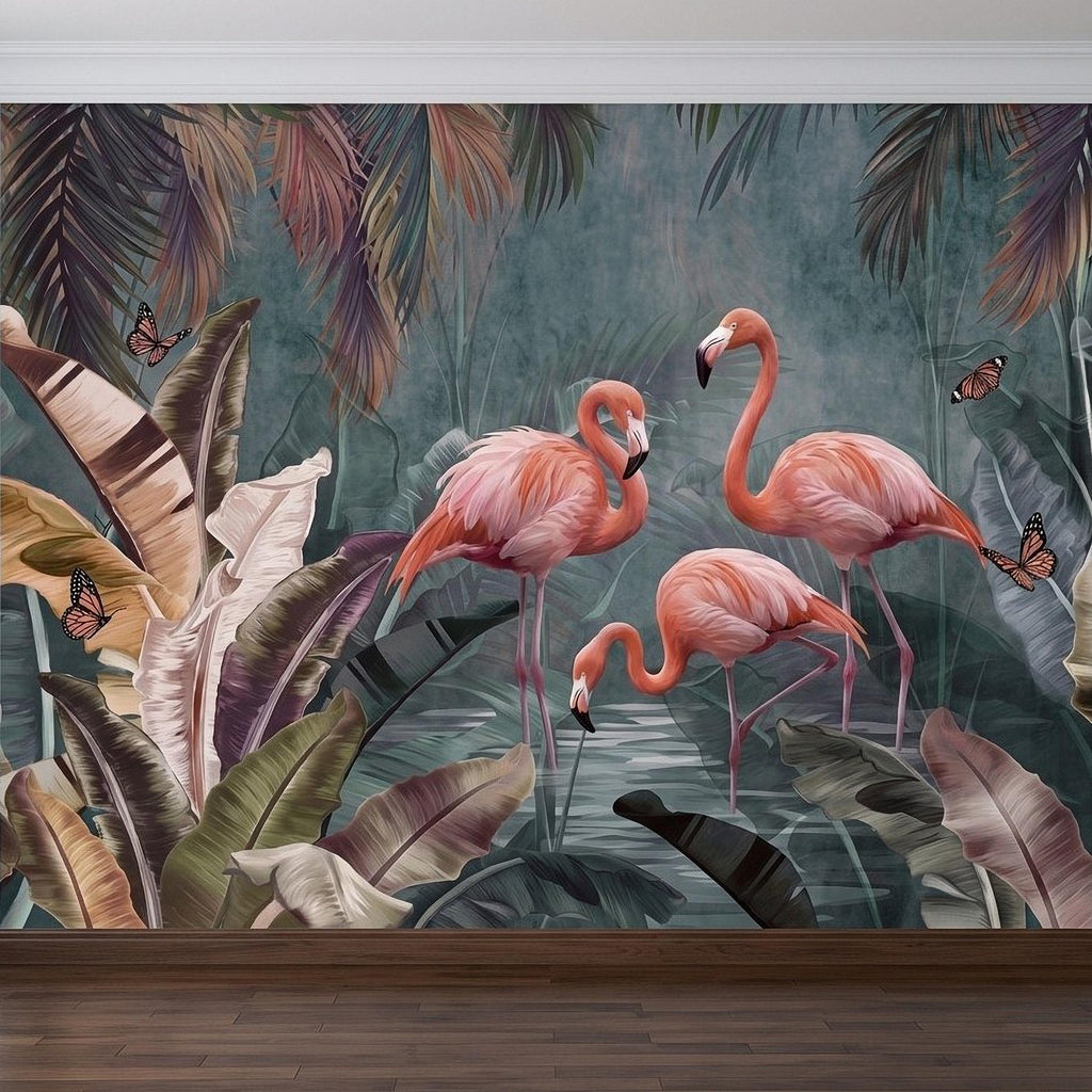 Pink Flamingo Peel and Stick Wall Mural, Tropical Banana Leaves Palm Foliage Butterflies Exotic Jungle Wallpaper