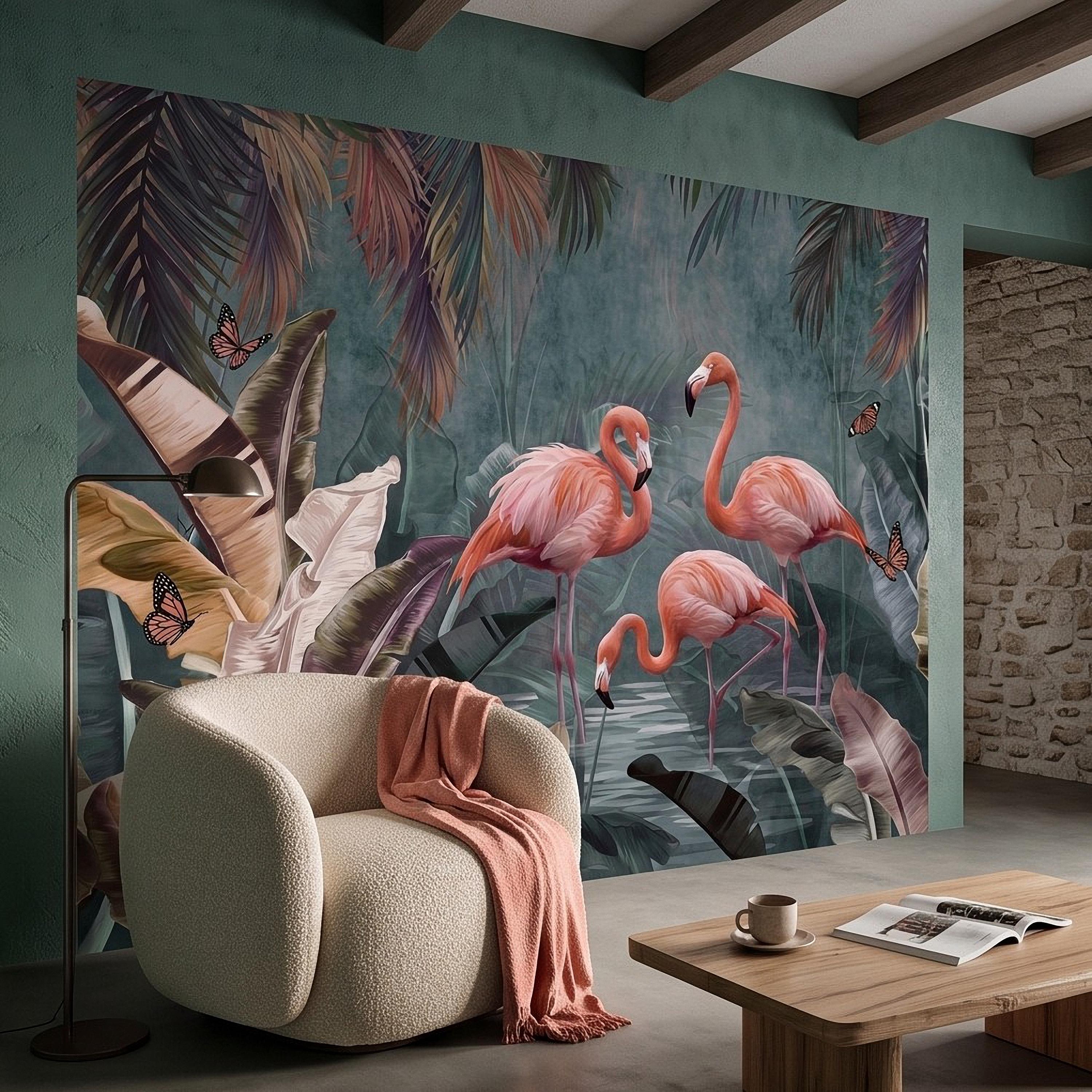 Pink Flamingo Peel and Stick Wall Mural, Tropical Banana Leaves Palm Foliage Butterflies Exotic Jungle Wallpaper