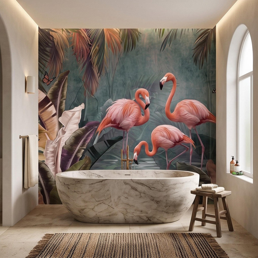 Pink Flamingo Peel and Stick Wall Mural, Tropical Banana Leaves Palm Foliage Butterflies Exotic Jungle Wallpaper