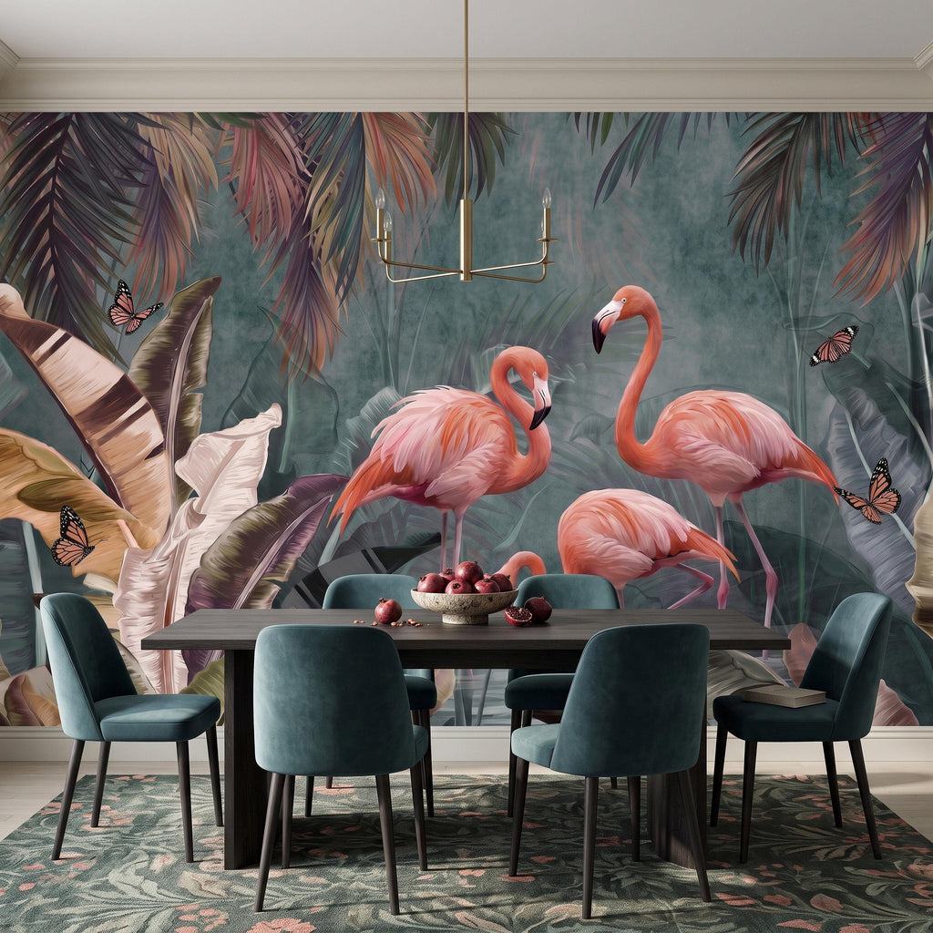 Pink Flamingo Peel and Stick Wall Mural, Tropical Banana Leaves Palm Foliage Butterflies Exotic Jungle Wallpaper