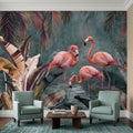 Pink Flamingo Peel and Stick Wall Mural, Tropical Banana Leaves Palm Foliage Butterflies Exotic Jungle Wallpaper