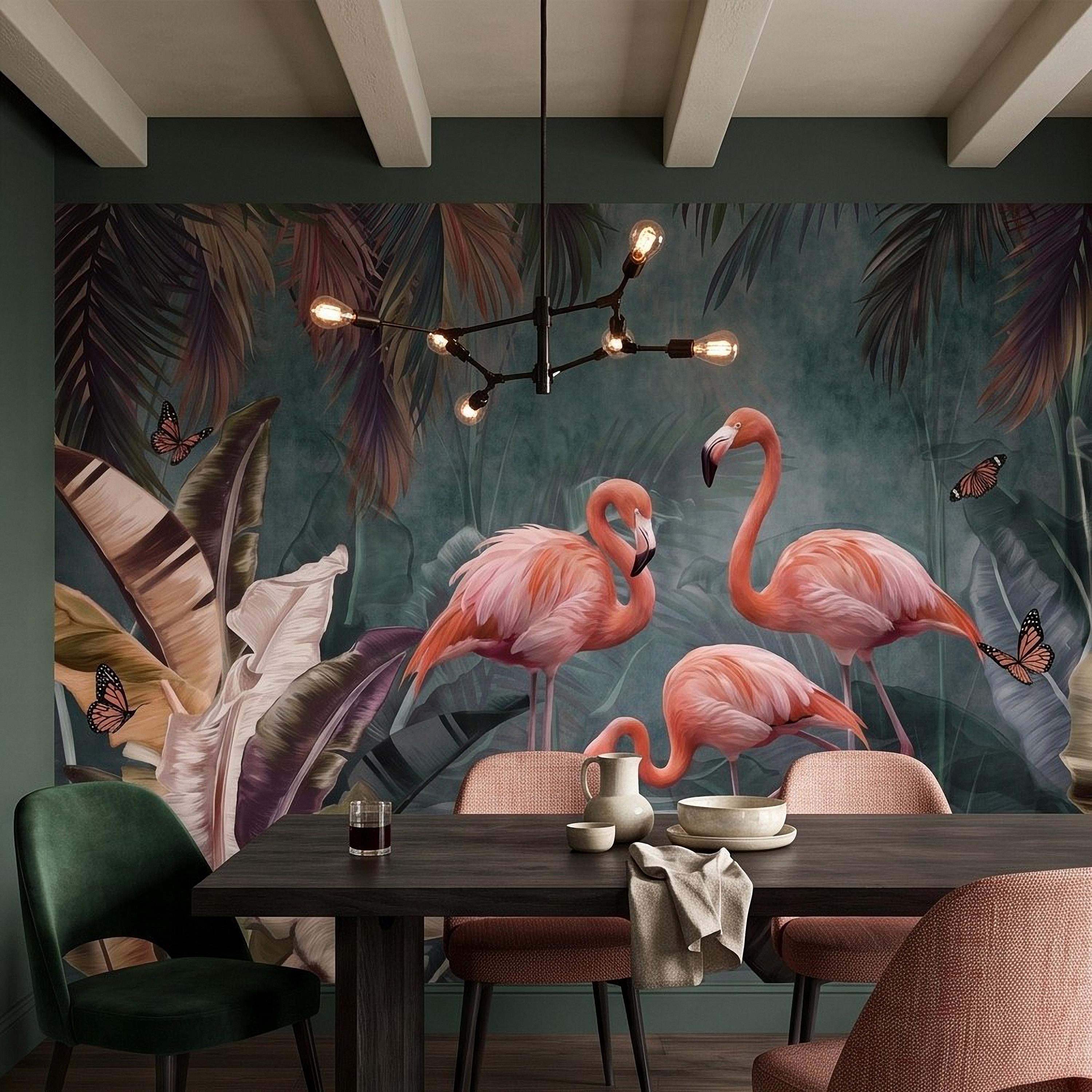 Pink Flamingo Peel and Stick Wall Mural, Tropical Banana Leaves Palm Foliage Butterflies Exotic Jungle Wallpaper