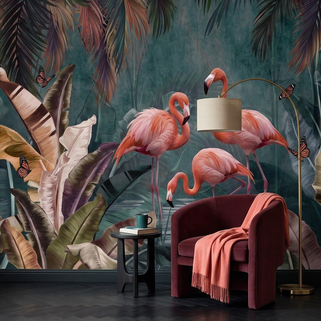 Pink Flamingo Peel and Stick Wall Mural, Tropical Banana Leaves Palm Foliage Butterflies Exotic Jungle Wallpaper