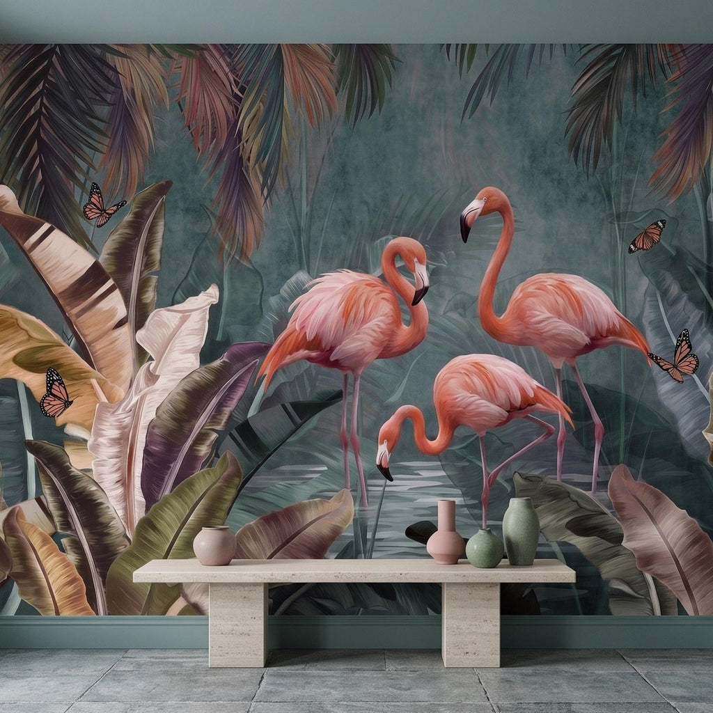 Pink Flamingo Peel and Stick Wall Mural, Tropical Banana Leaves Palm Foliage Butterflies Exotic Jungle Wallpaper