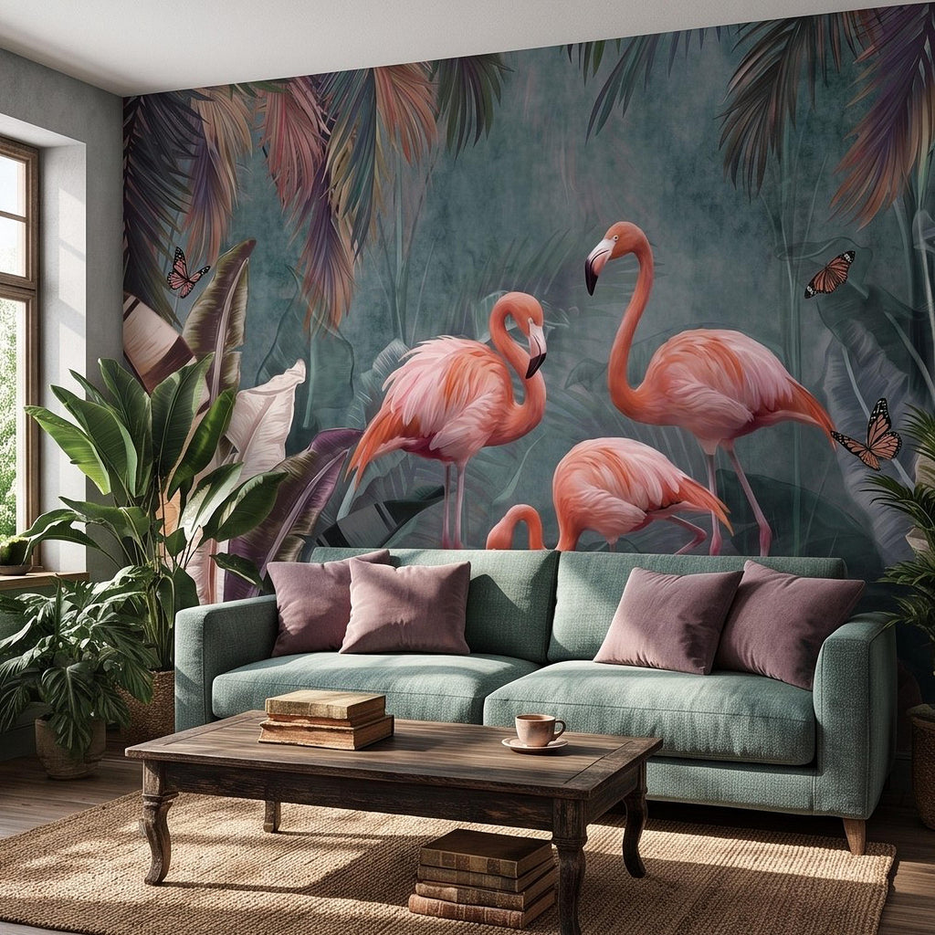 Pink Flamingo Peel and Stick Wall Mural, Tropical Banana Leaves Palm Foliage Butterflies Exotic Jungle Wallpaper