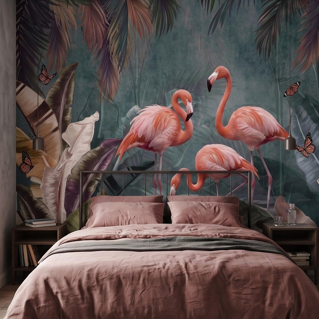 Pink Flamingo Peel and Stick Wall Mural, Tropical Banana Leaves Palm Foliage Butterflies Exotic Jungle Wallpaper