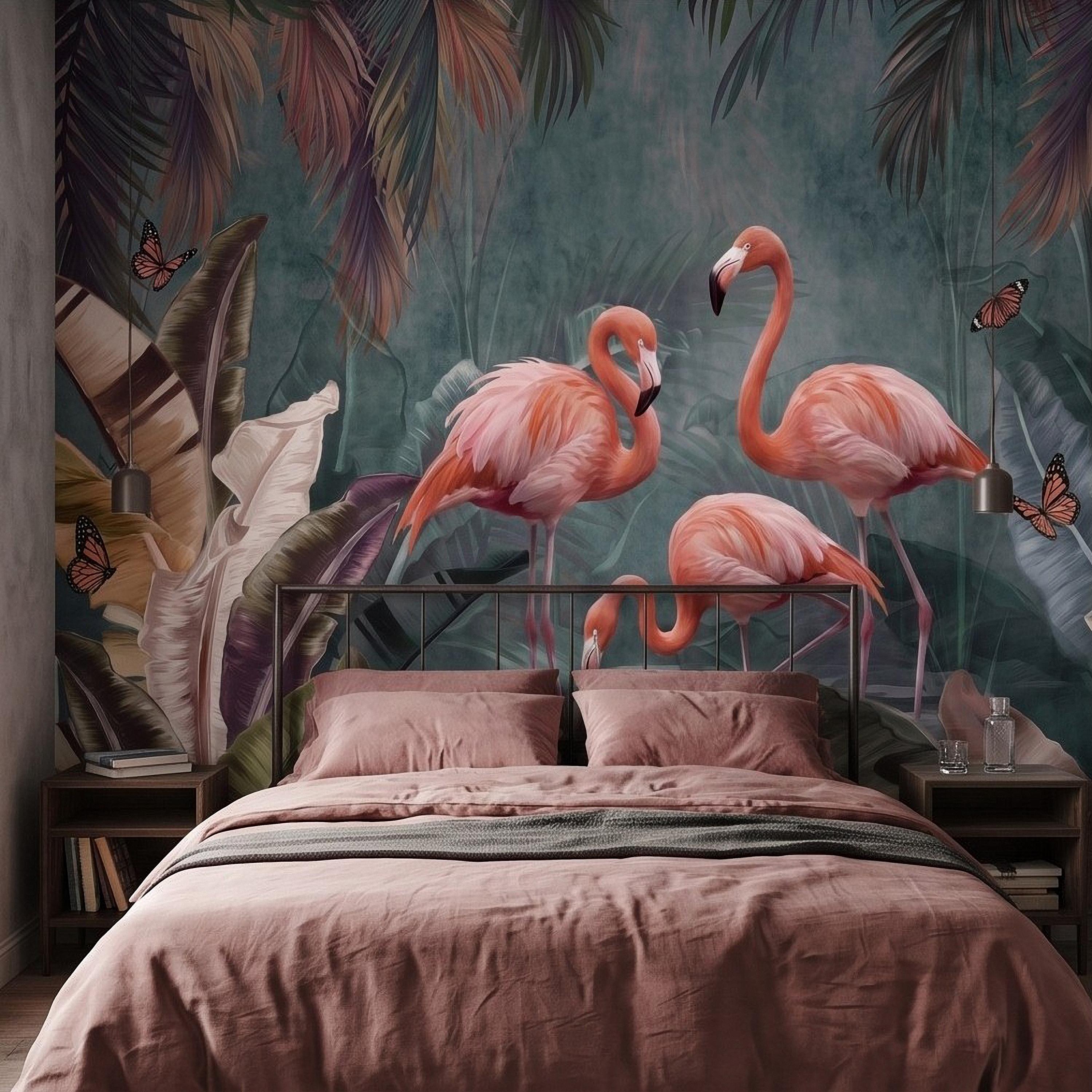 Pink Flamingo Peel and Stick Wall Mural, Tropical Banana Leaves Palm Foliage Butterflies Exotic Jungle Wallpaper