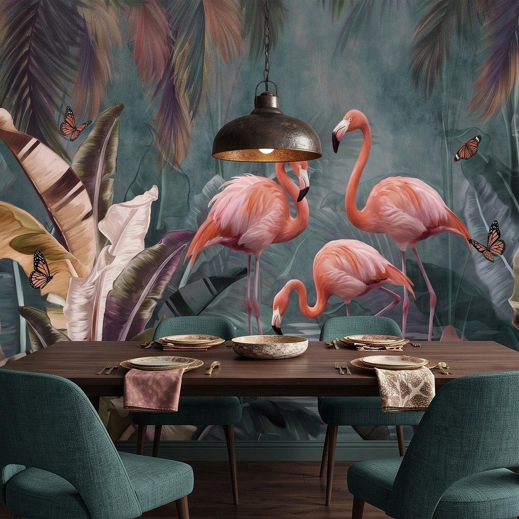 Pink Flamingo Peel and Stick Wall Mural, Tropical Banana Leaves Palm Foliage Butterflies Exotic Jungle Wallpaper