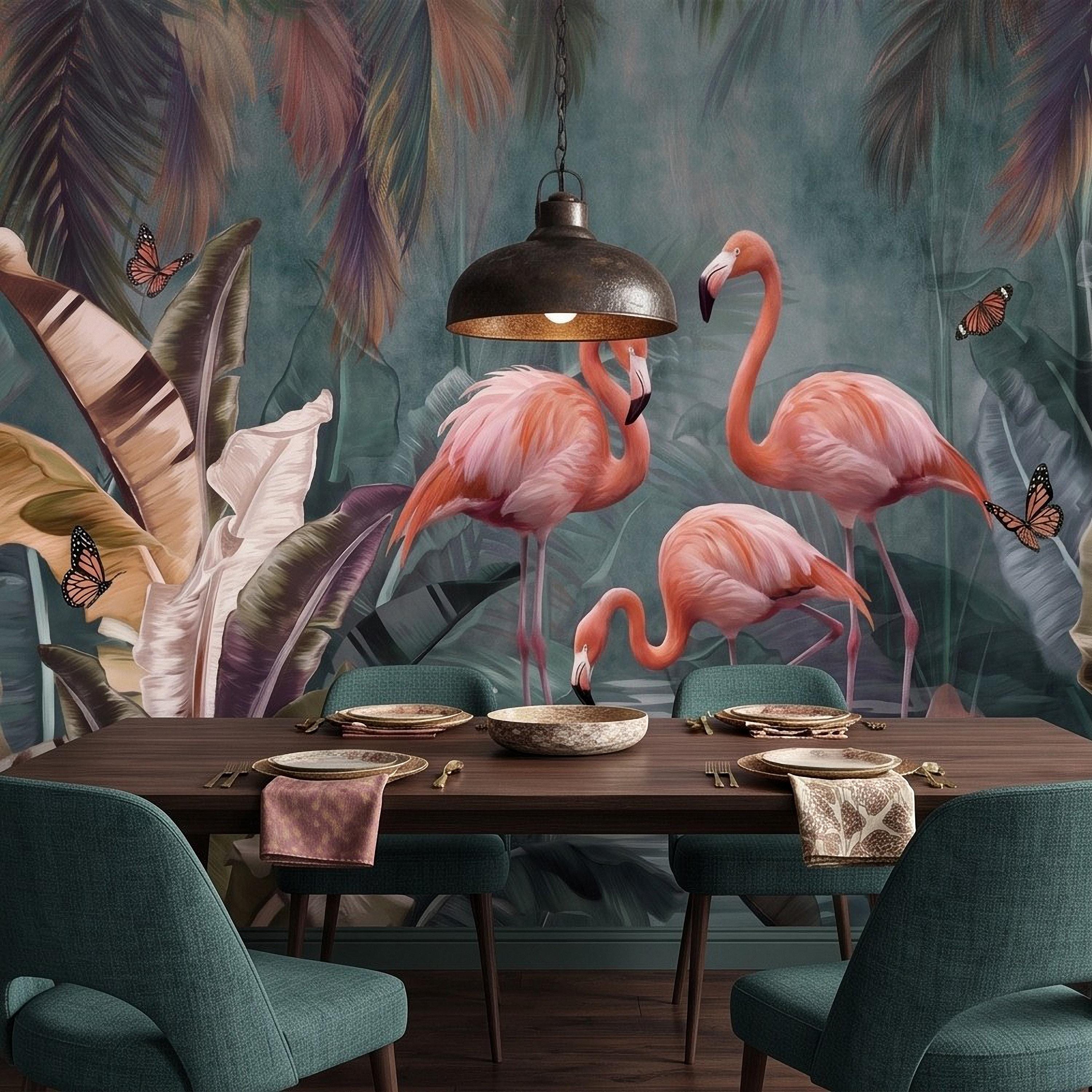 Pink Flamingo Peel and Stick Wall Mural, Tropical Banana Leaves Palm Foliage Butterflies Exotic Jungle Wallpaper