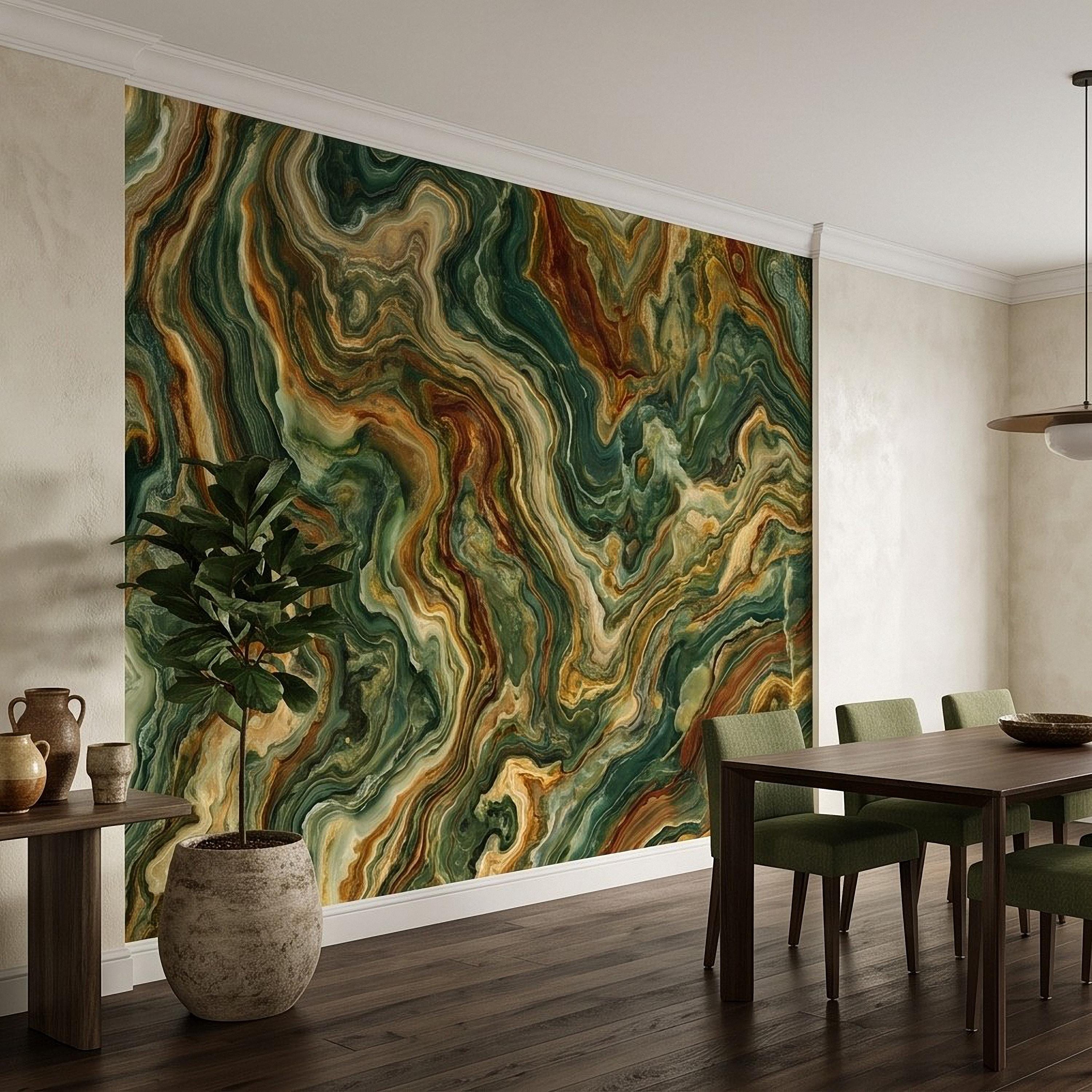 Green Onyx Peel and Stick Wall Mural, Abstract Natural Stone Mineral Texture Earthy Luxury Wallpaper