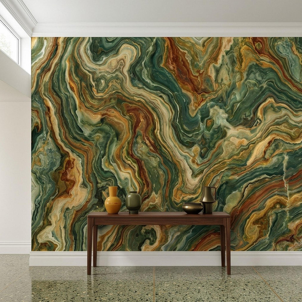 Green Onyx Peel and Stick Wall Mural, Abstract Natural Stone Mineral Texture Earthy Luxury Wallpaper