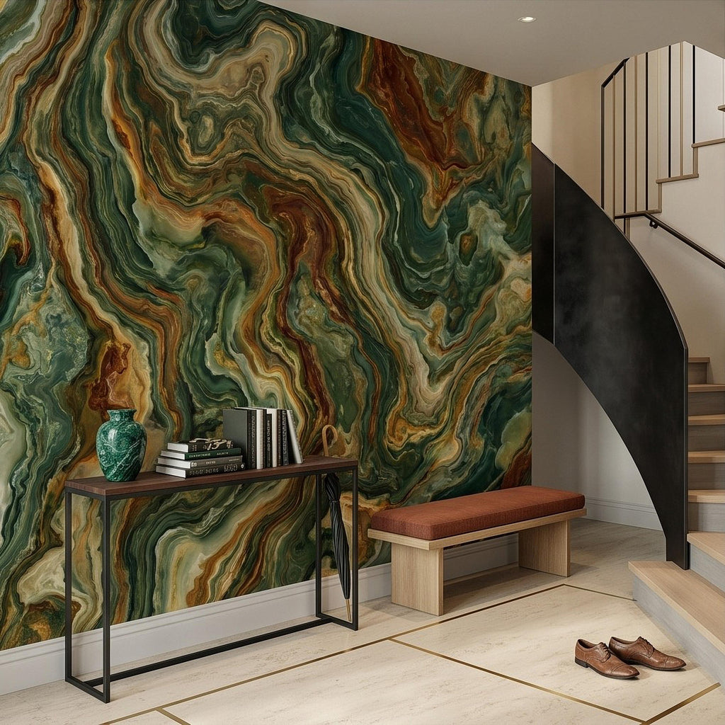 Green Onyx Peel and Stick Wall Mural, Abstract Natural Stone Mineral Texture Earthy Luxury Wallpaper