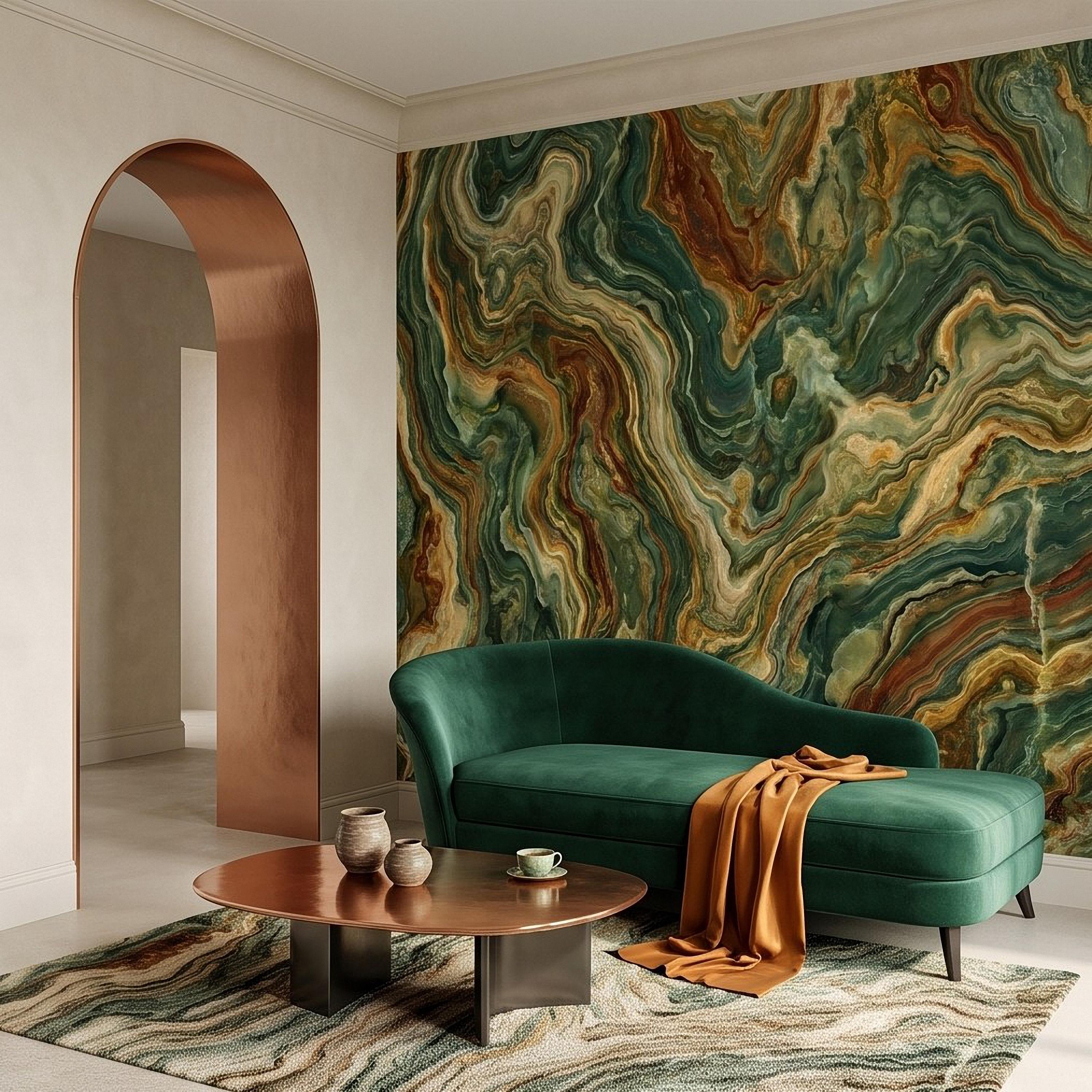 Green Onyx Peel and Stick Wall Mural, Abstract Natural Stone Mineral Texture Earthy Luxury Wallpaper