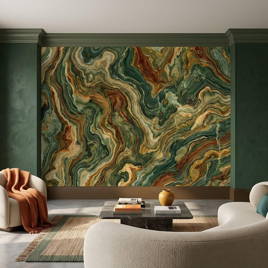 Green Onyx Peel and Stick Wall Mural, Abstract Natural Stone Mineral Texture Earthy Luxury Wallpaper