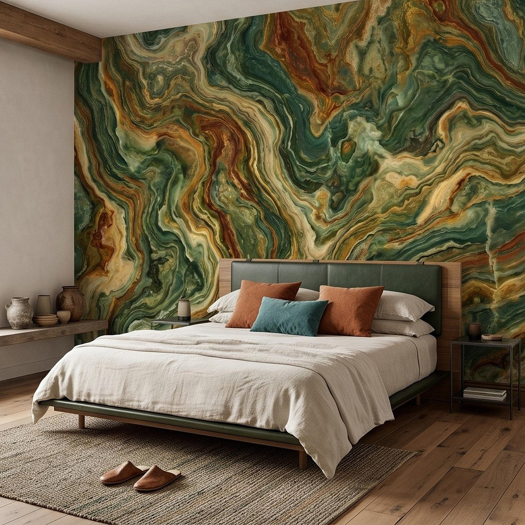 Green Onyx Peel and Stick Wall Mural, Abstract Natural Stone Mineral Texture Earthy Luxury Wallpaper