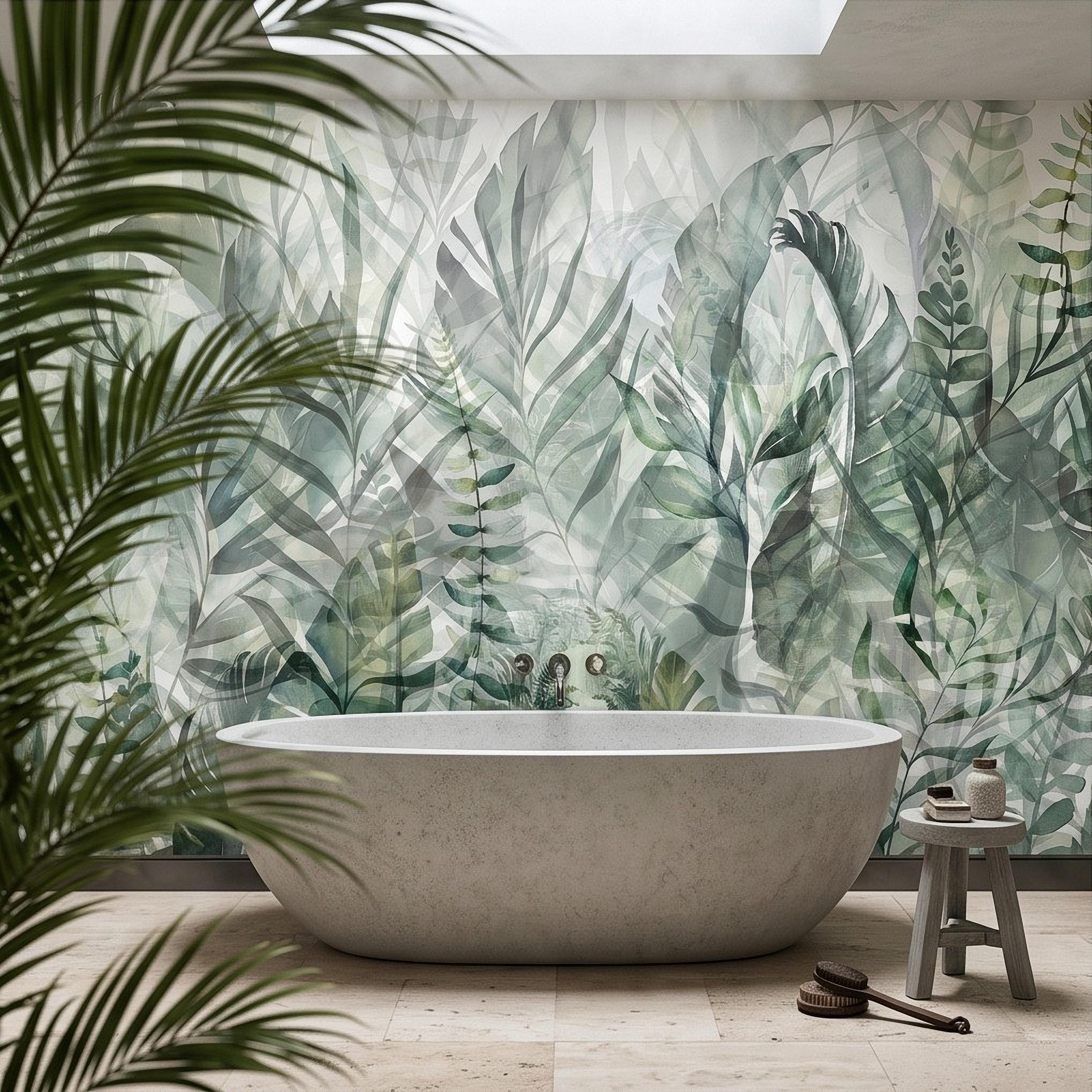 Watercolor Tropical Botanical Peel and Stick Wall Mural, Misty Green Jungle Leaves Soft Nature Wallpaper