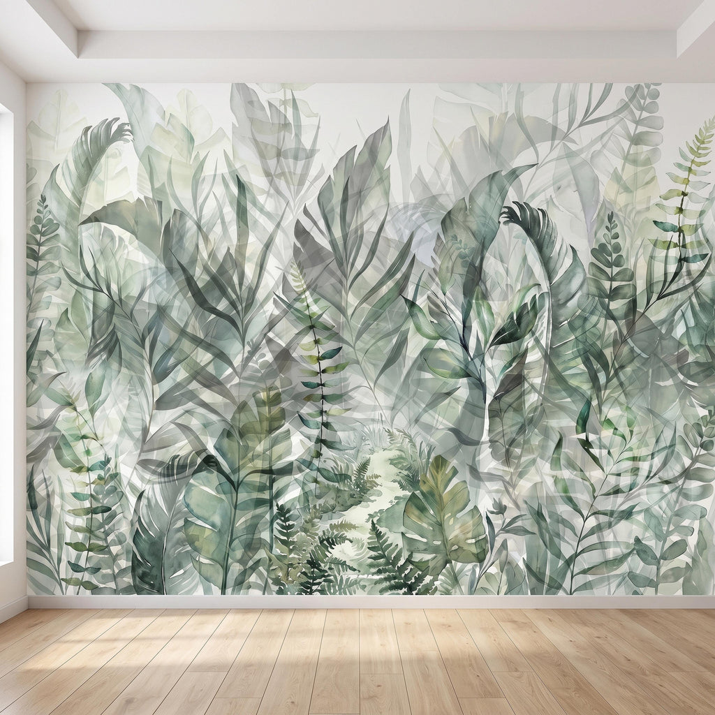 Watercolor Tropical Botanical Peel and Stick Wall Mural, Misty Green Jungle Leaves Soft Nature Wallpaper