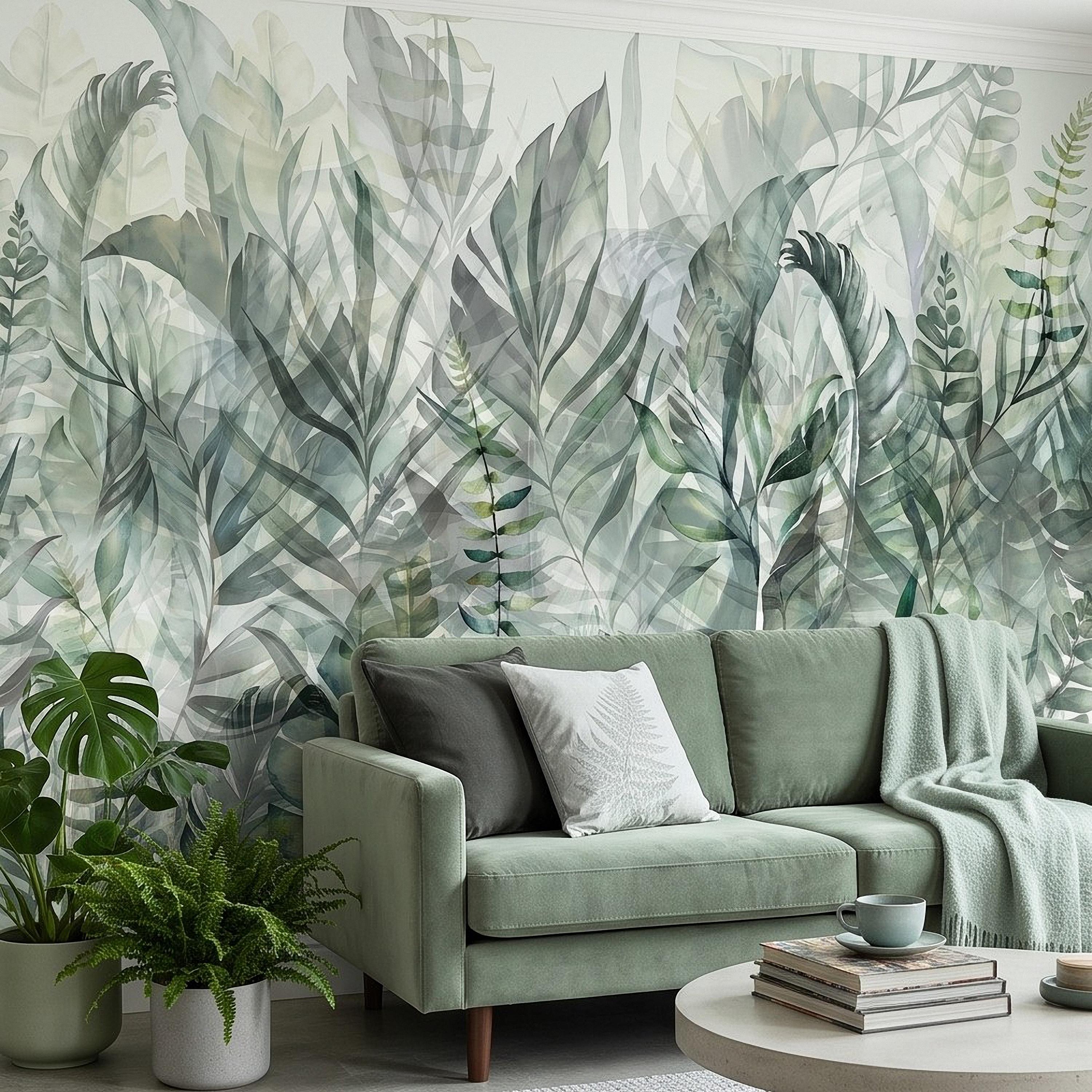 Watercolor Tropical Botanical Peel and Stick Wall Mural, Misty Green Jungle Leaves Soft Nature Wallpaper