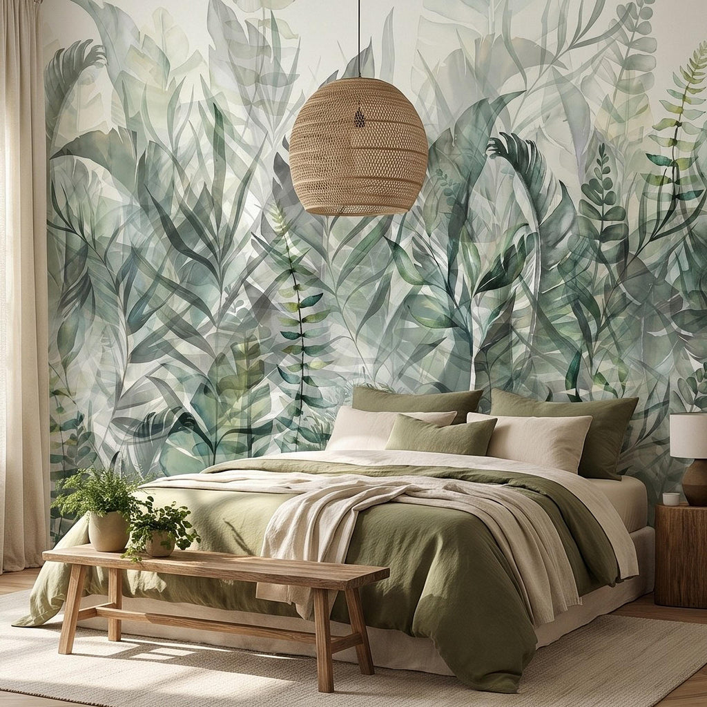 Watercolor Tropical Botanical Peel and Stick Wall Mural, Misty Green Jungle Leaves Soft Nature Wallpaper