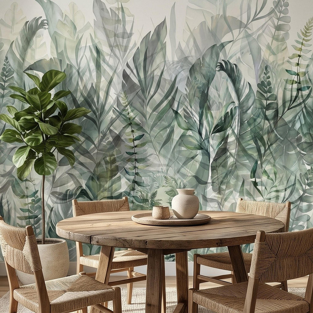 Watercolor Tropical Botanical Peel and Stick Wall Mural, Misty Green Jungle Leaves Soft Nature Wallpaper