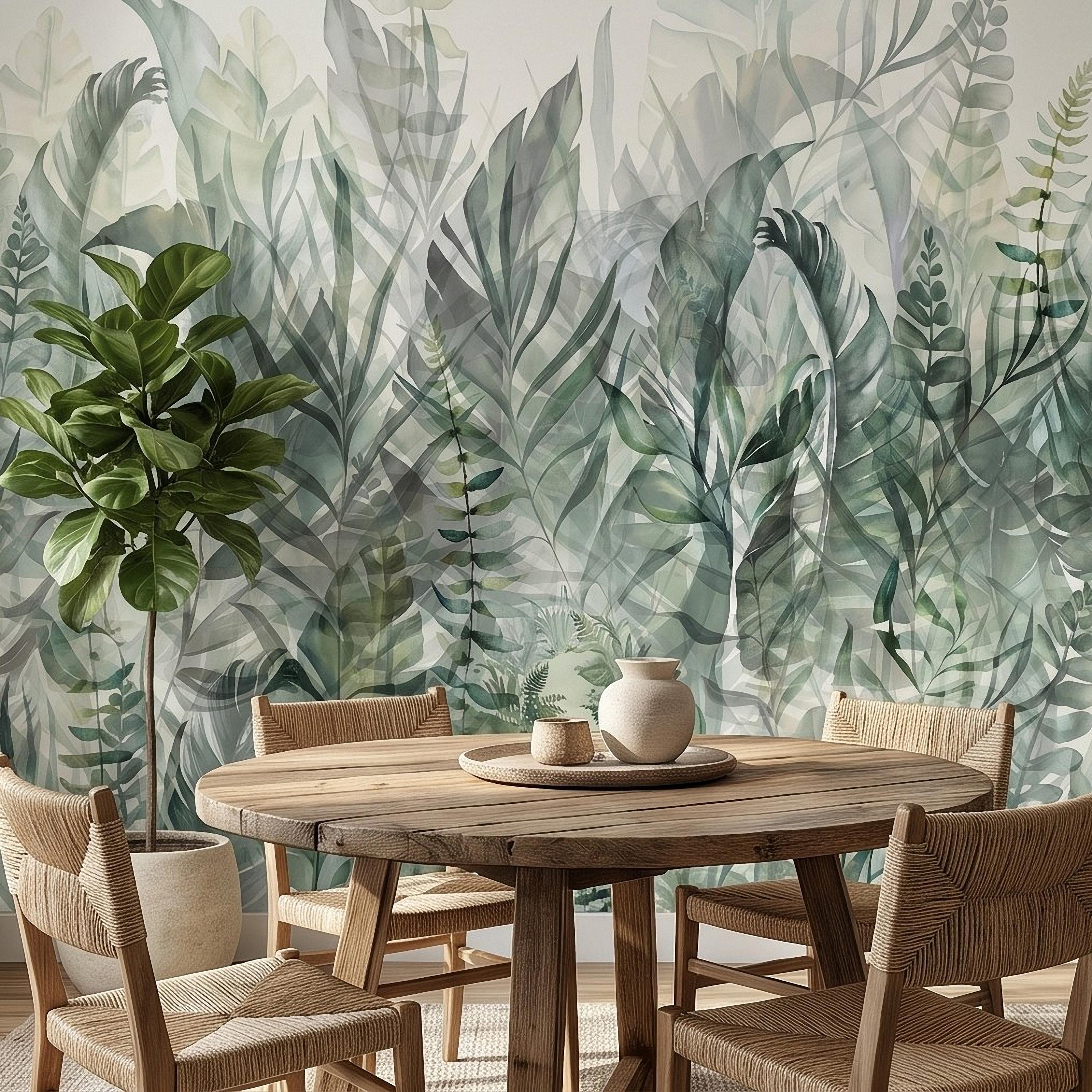 Watercolor Tropical Botanical Peel and Stick Wall Mural, Misty Green Jungle Leaves Soft Nature Wallpaper