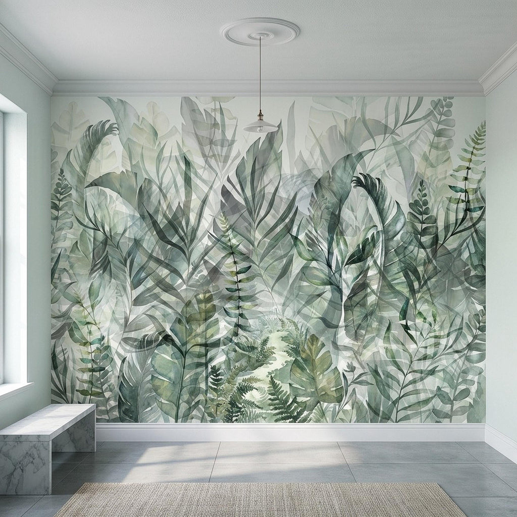 Watercolor Tropical Botanical Peel and Stick Wall Mural, Misty Green Jungle Leaves Soft Nature Wallpaper
