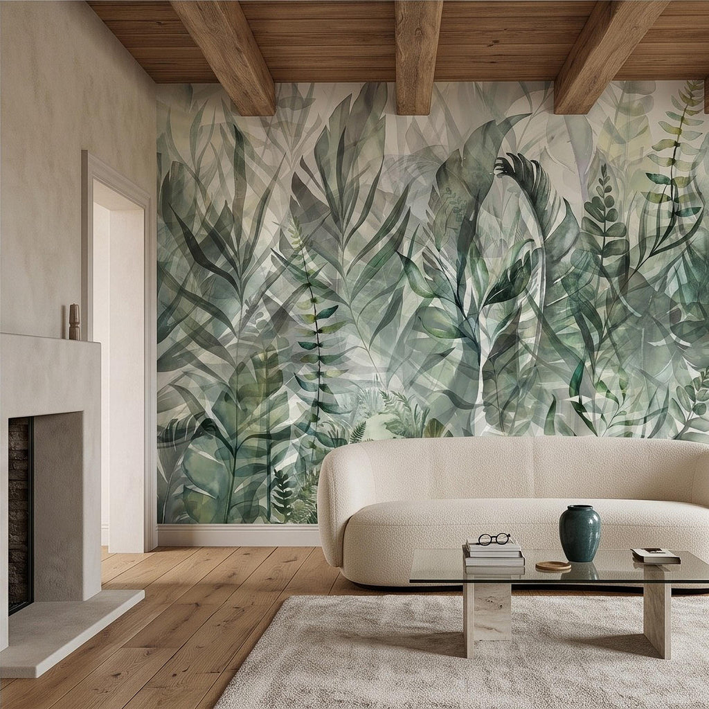 Watercolor Tropical Botanical Peel and Stick Wall Mural, Misty Green Jungle Leaves Soft Nature Wallpaper