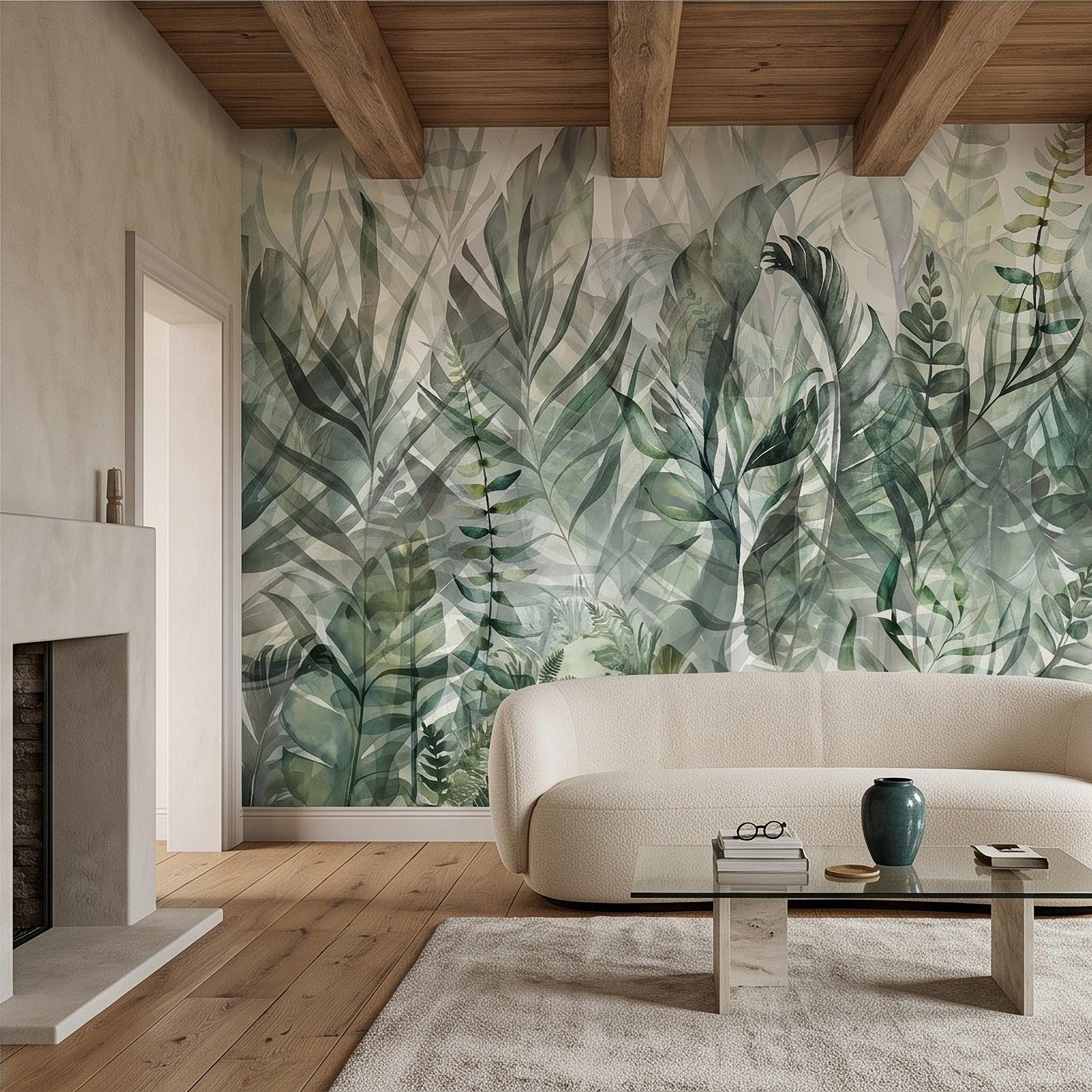 Watercolor Tropical Botanical Peel and Stick Wall Mural, Misty Green Jungle Leaves Soft Nature Wallpaper