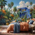 Moroccan Garden Peel and Stick Wall Mural, Majorelle Blue Villa Tropical Palm Cactus Courtyard Colorful Mediterranean Landscape Wallpaper