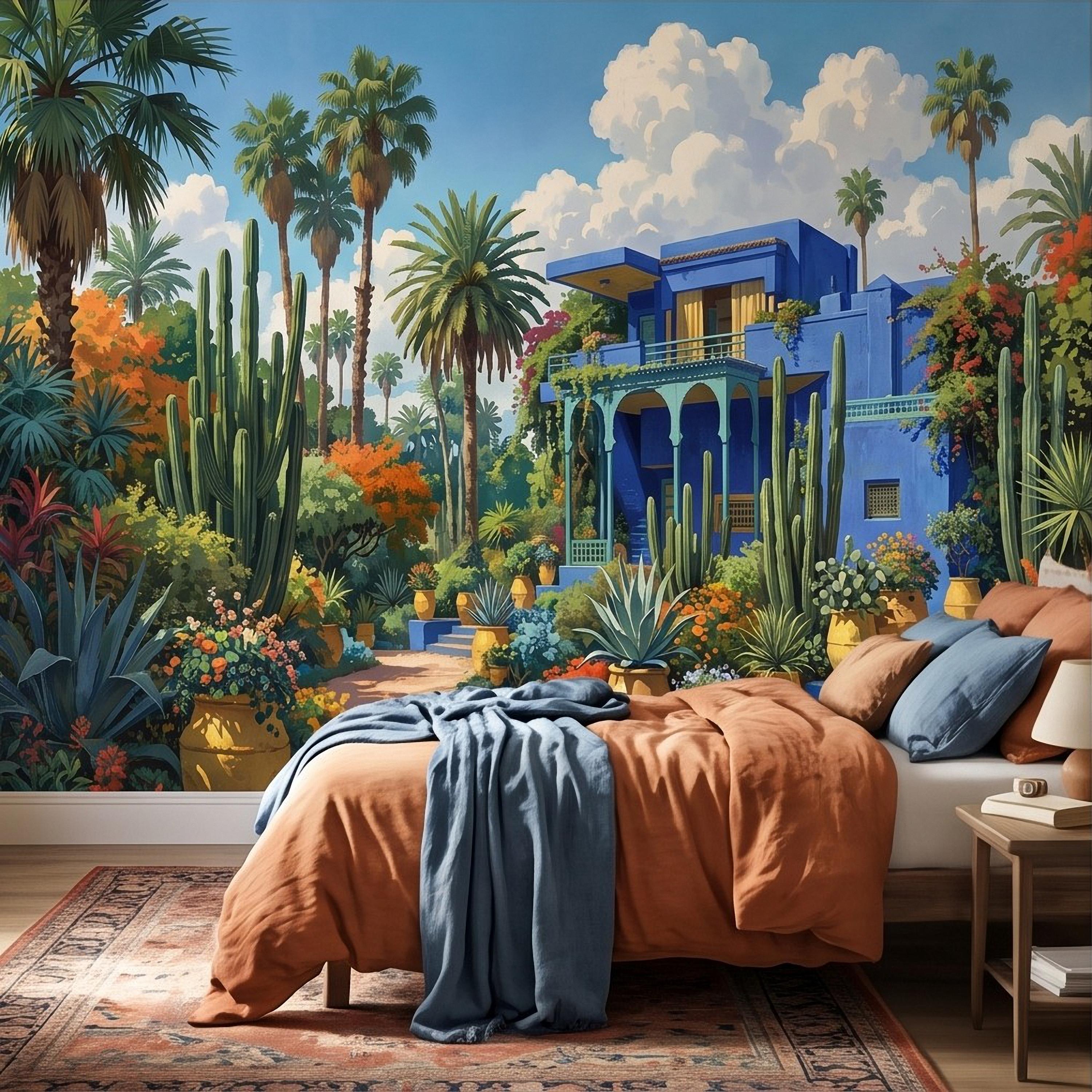 Moroccan Garden Peel and Stick Wall Mural, Majorelle Blue Villa Tropical Palm Cactus Courtyard Colorful Mediterranean Landscape Wallpaper
