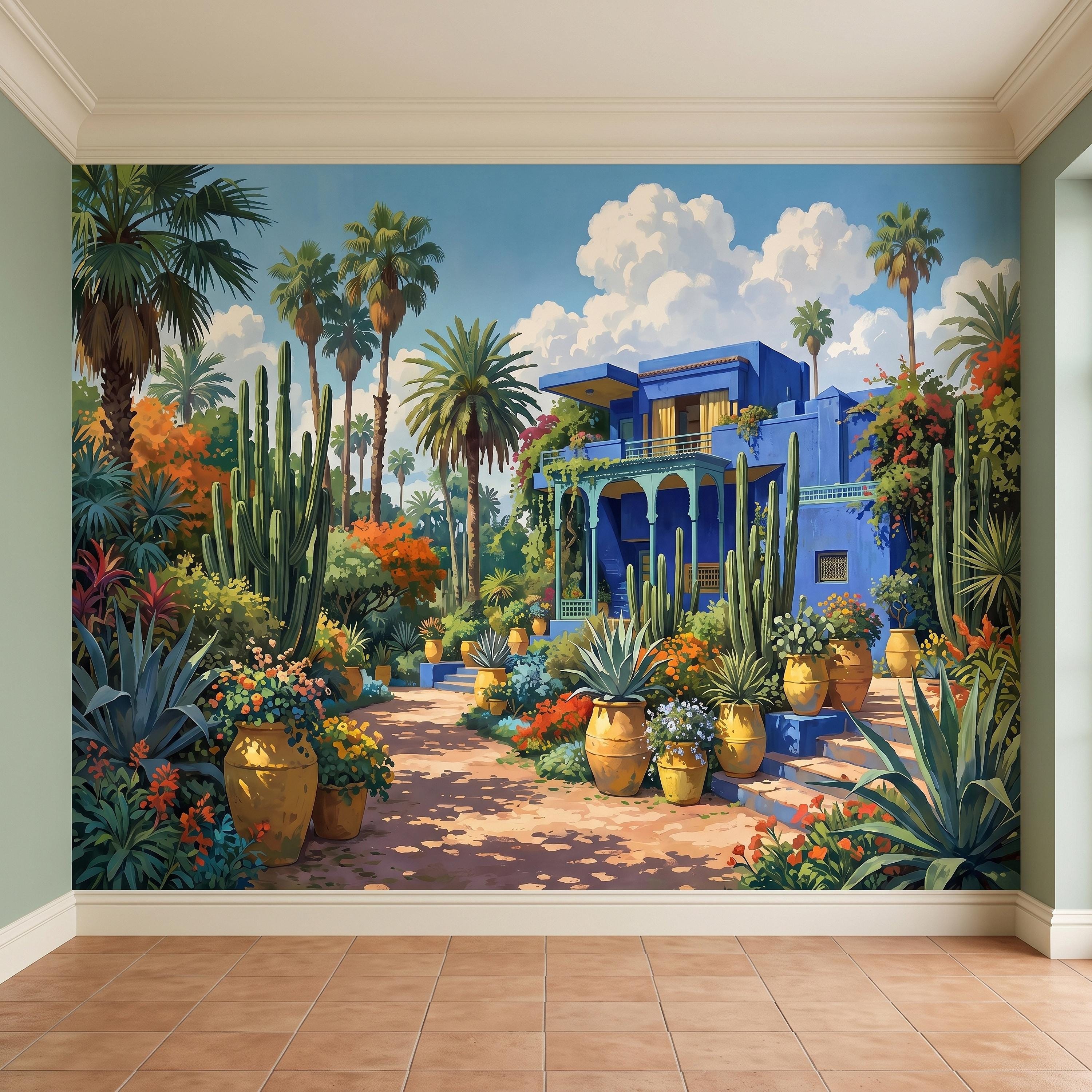 Moroccan Garden Peel and Stick Wall Mural, Majorelle Blue Villa Tropical Palm Cactus Courtyard Colorful Mediterranean Landscape Wallpaper