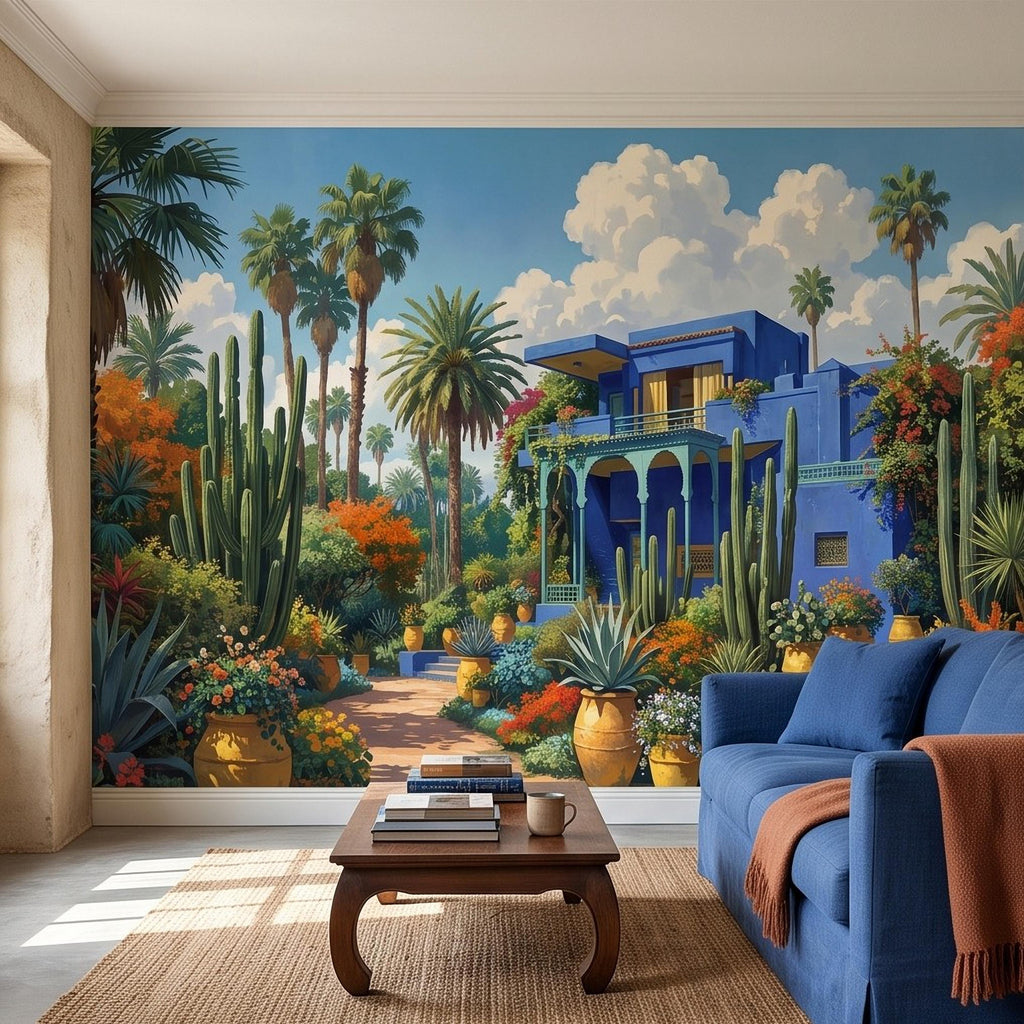 Moroccan Garden Peel and Stick Wall Mural, Majorelle Blue Villa Tropical Palm Cactus Courtyard Colorful Mediterranean Landscape Wallpaper