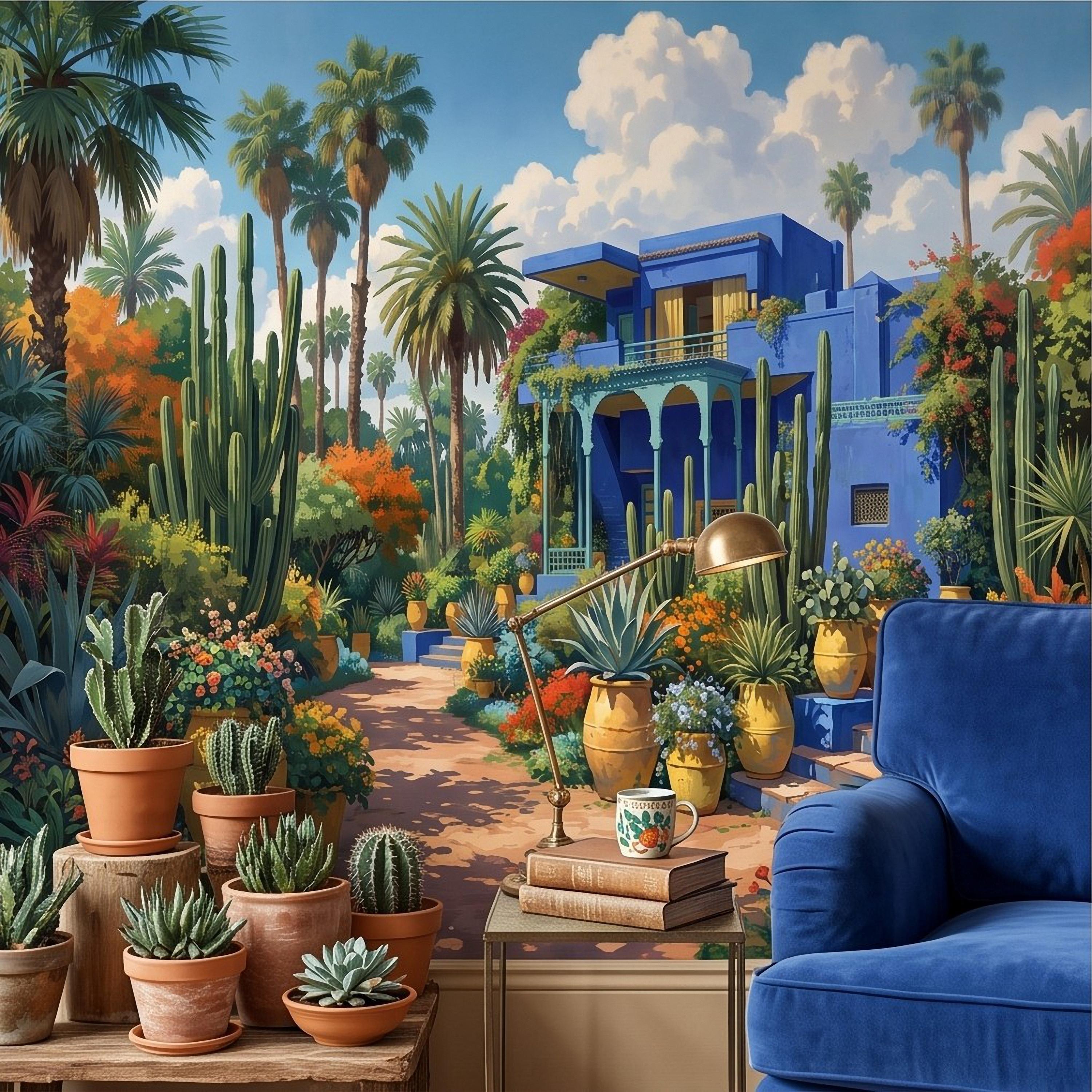 Moroccan Garden Peel and Stick Wall Mural, Majorelle Blue Villa Tropical Palm Cactus Courtyard Colorful Mediterranean Landscape Wallpaper