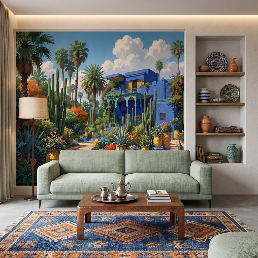 Moroccan Garden Peel and Stick Wall Mural, Majorelle Blue Villa Tropical Palm Cactus Courtyard Colorful Mediterranean Landscape Wallpaper