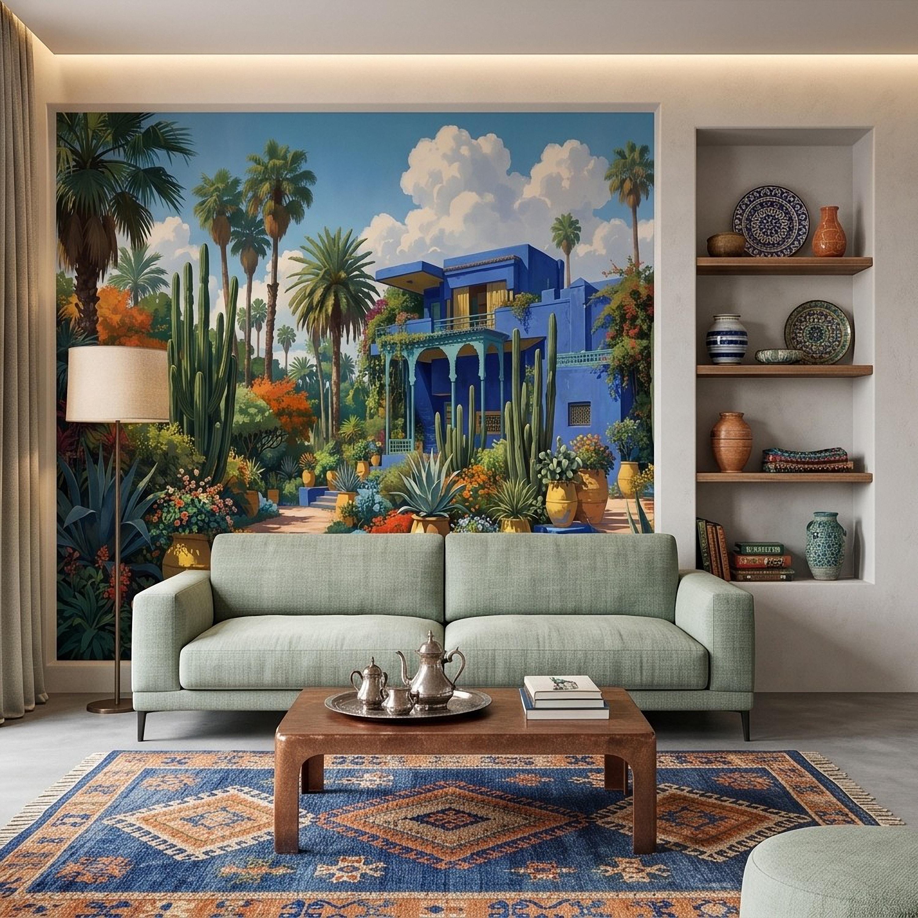 Moroccan Garden Peel and Stick Wall Mural, Majorelle Blue Villa Tropical Palm Cactus Courtyard Colorful Mediterranean Landscape Wallpaper