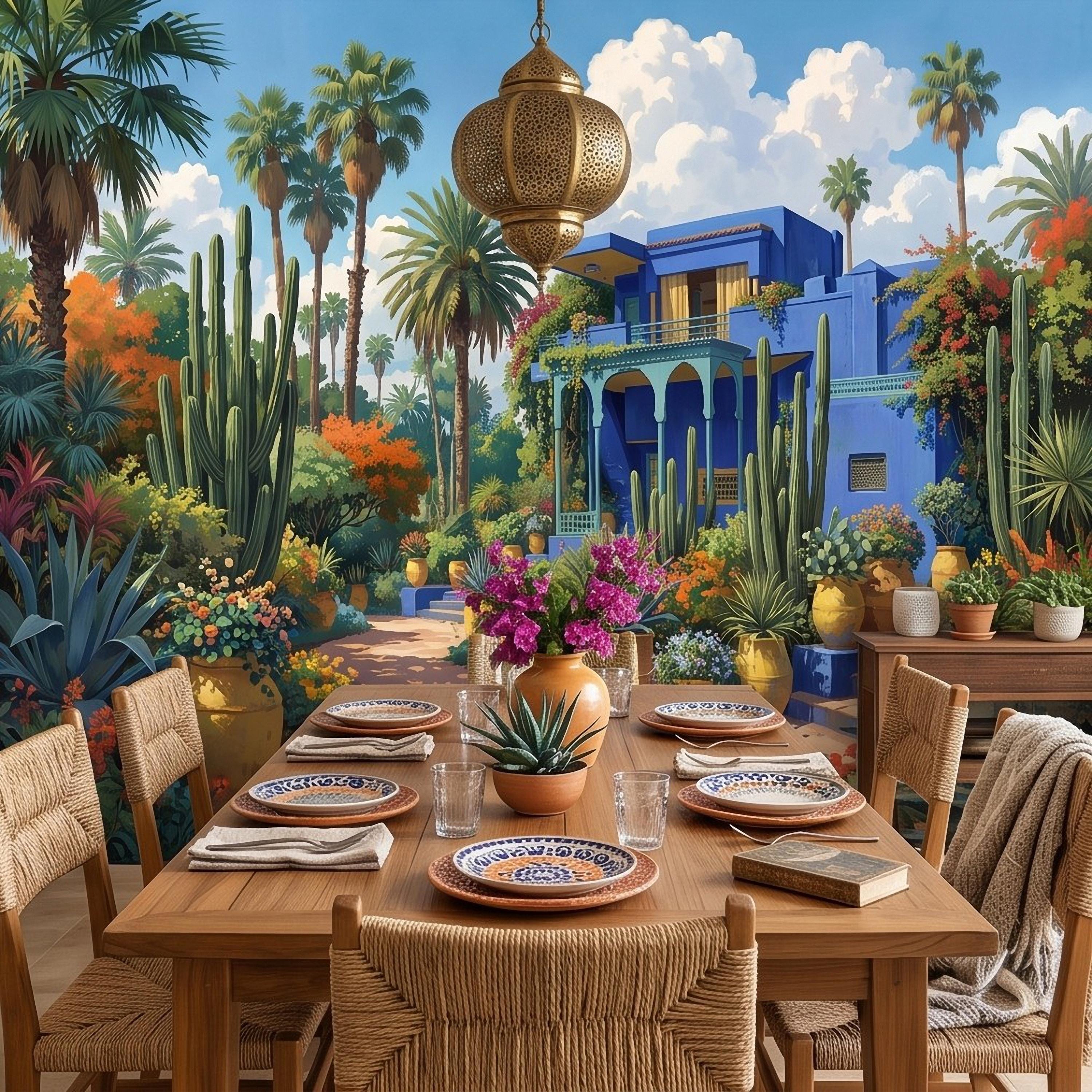 Moroccan Garden Peel and Stick Wall Mural, Majorelle Blue Villa Tropical Palm Cactus Courtyard Colorful Mediterranean Landscape Wallpaper