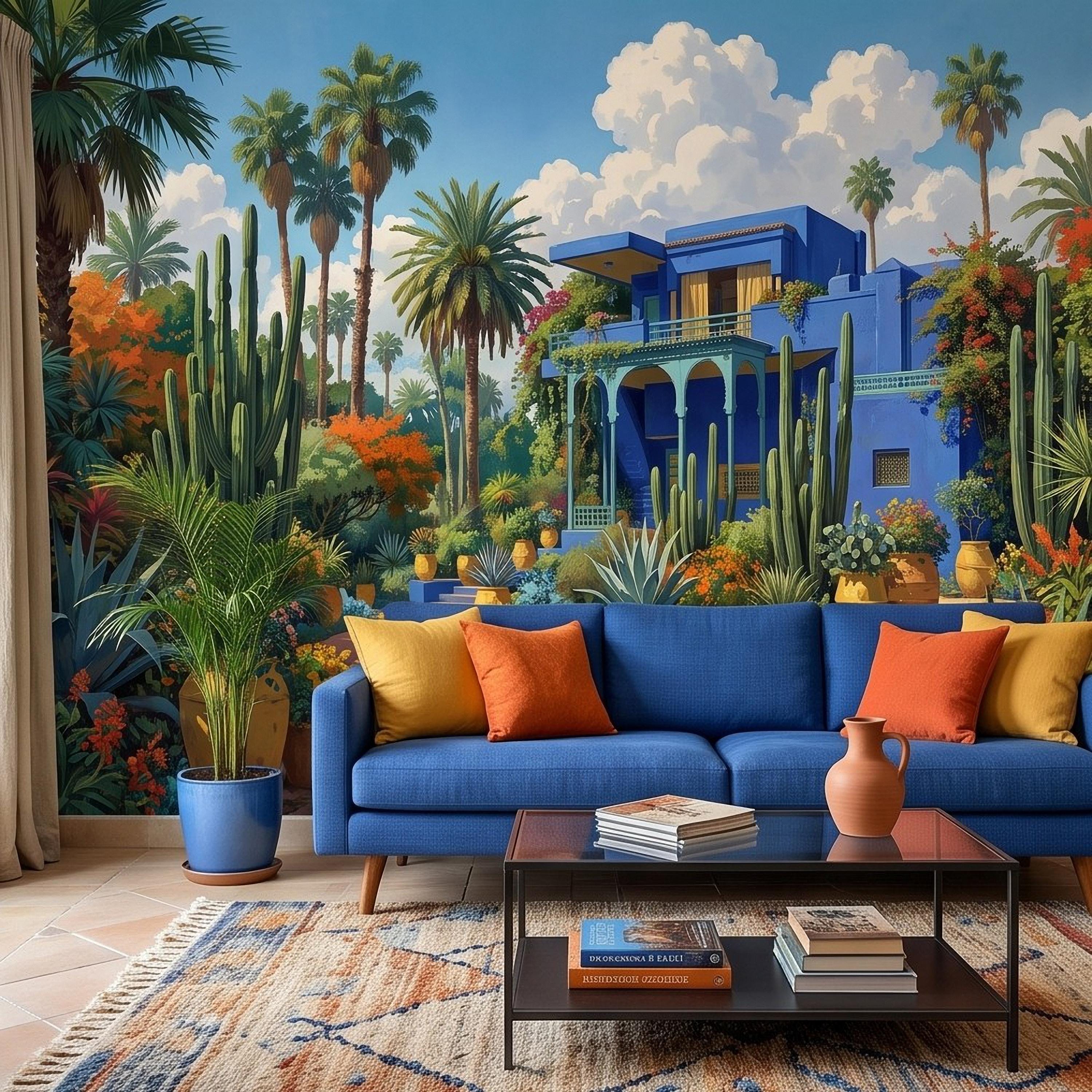 Moroccan Garden Peel and Stick Wall Mural, Majorelle Blue Villa Tropical Palm Cactus Courtyard Colorful Mediterranean Landscape Wallpaper