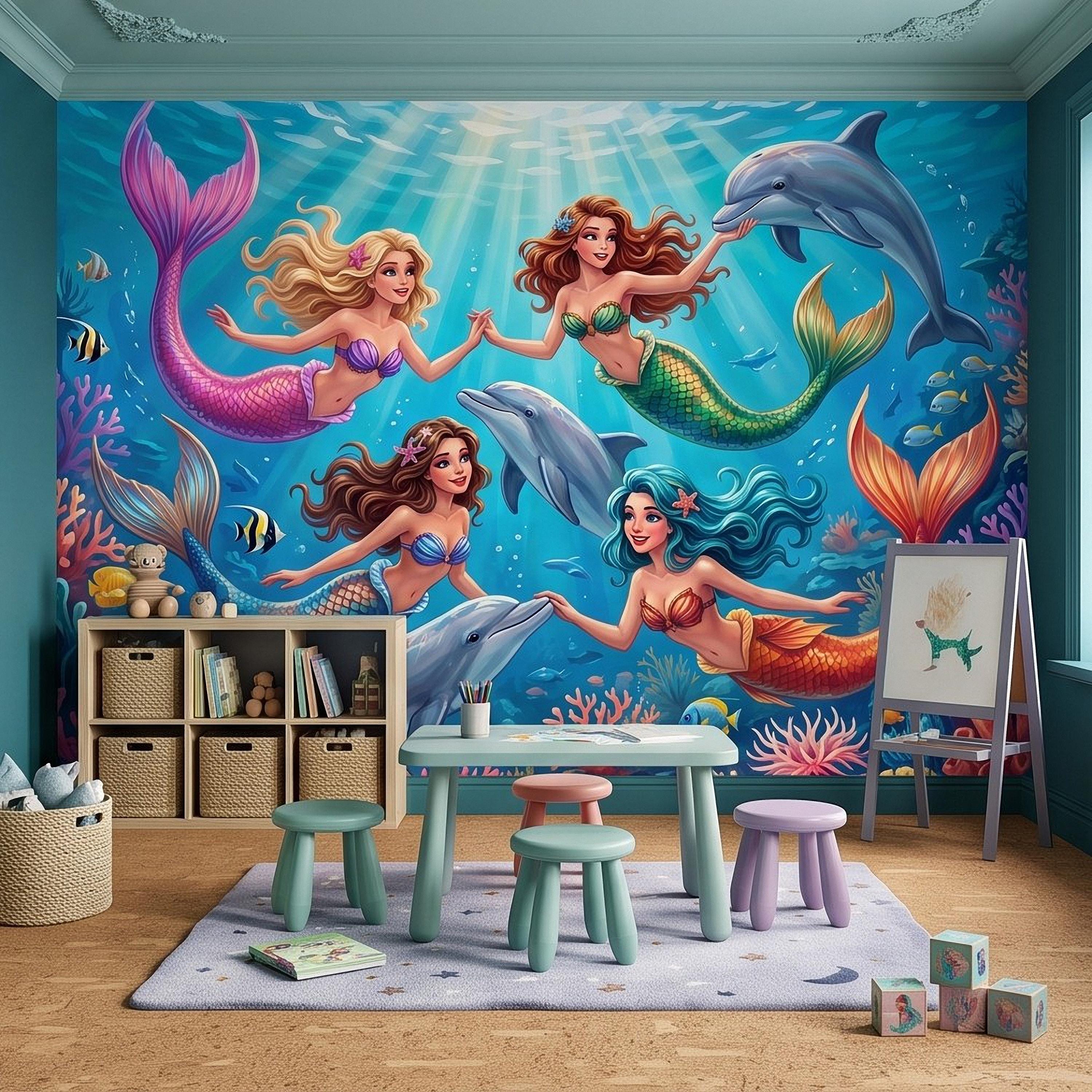 Mermaid Ocean Peel and Stick Wall Mural, Underwater Mermaid and Dolphin Adventure Colorful Coral Reef Fantasy Kids Illustration Wallpaper