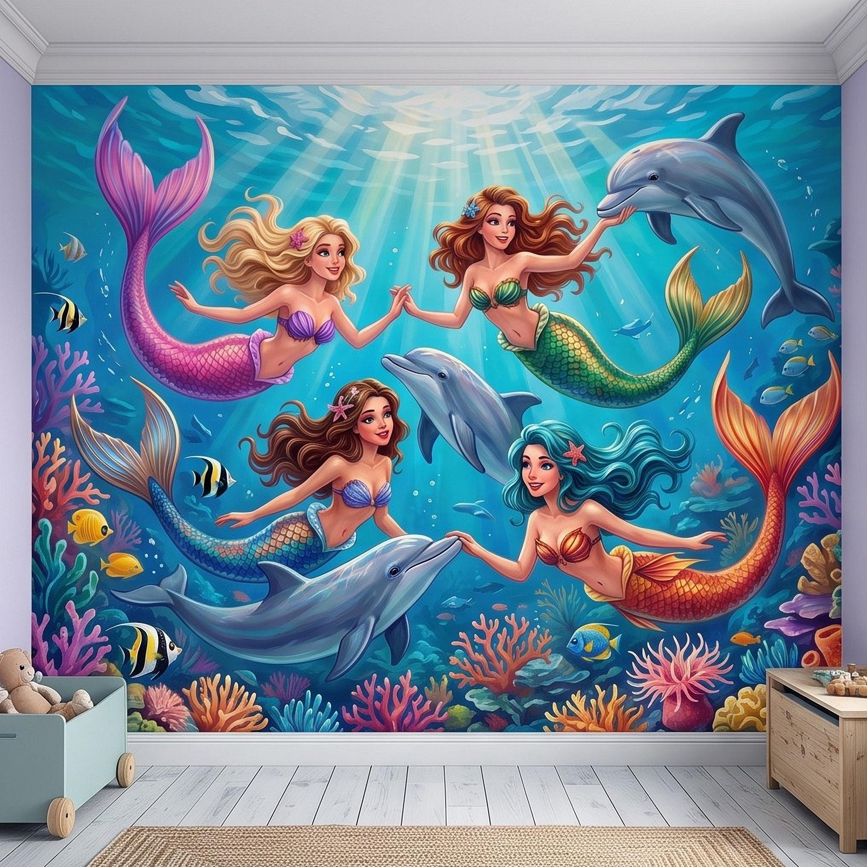 Mermaid Ocean Peel and Stick Wall Mural, Underwater Mermaid and Dolphin Adventure Colorful Coral Reef Fantasy Kids Illustration Wallpaper