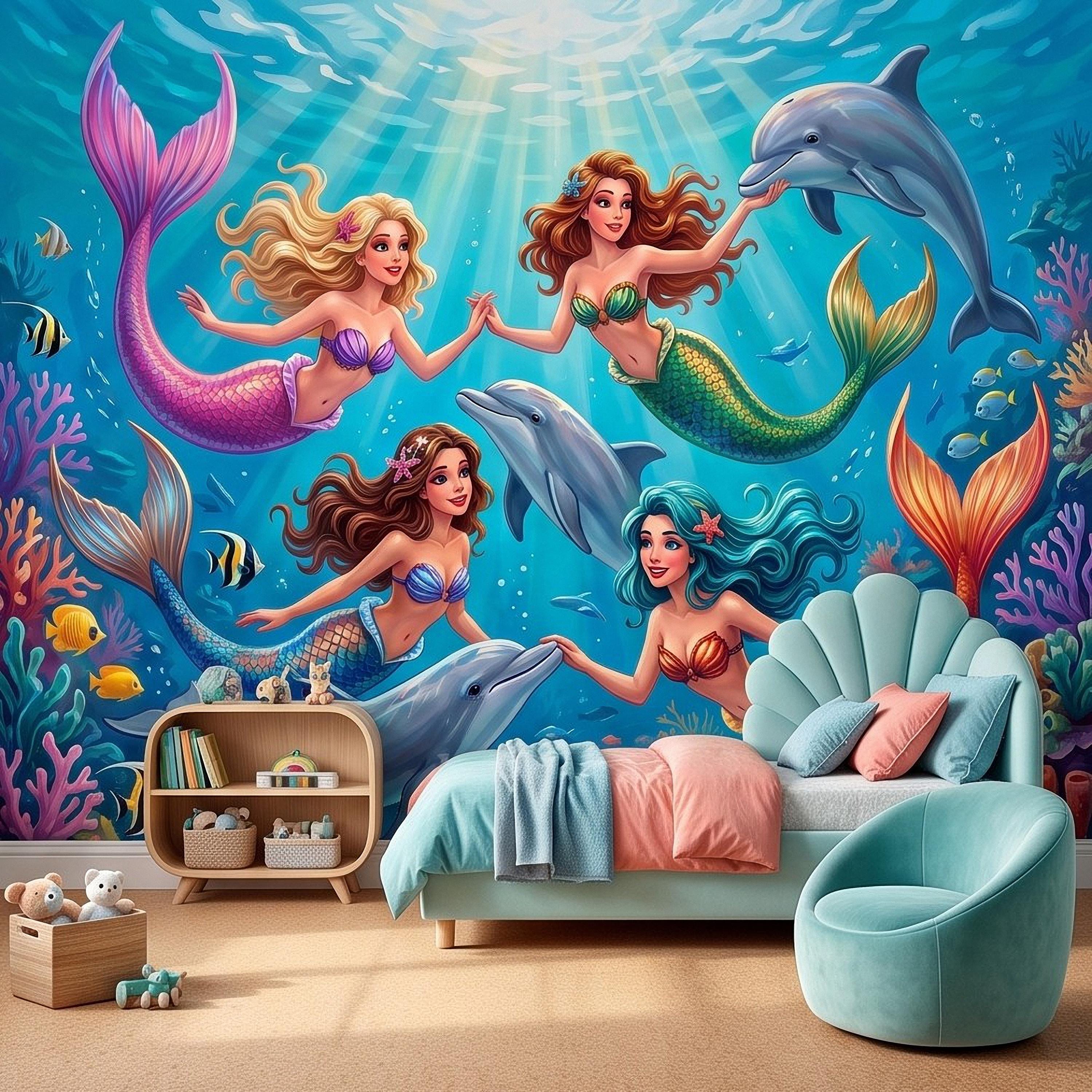 Mermaid Ocean Peel and Stick Wall Mural, Underwater Mermaid and Dolphin Adventure Colorful Coral Reef Fantasy Kids Illustration Wallpaper