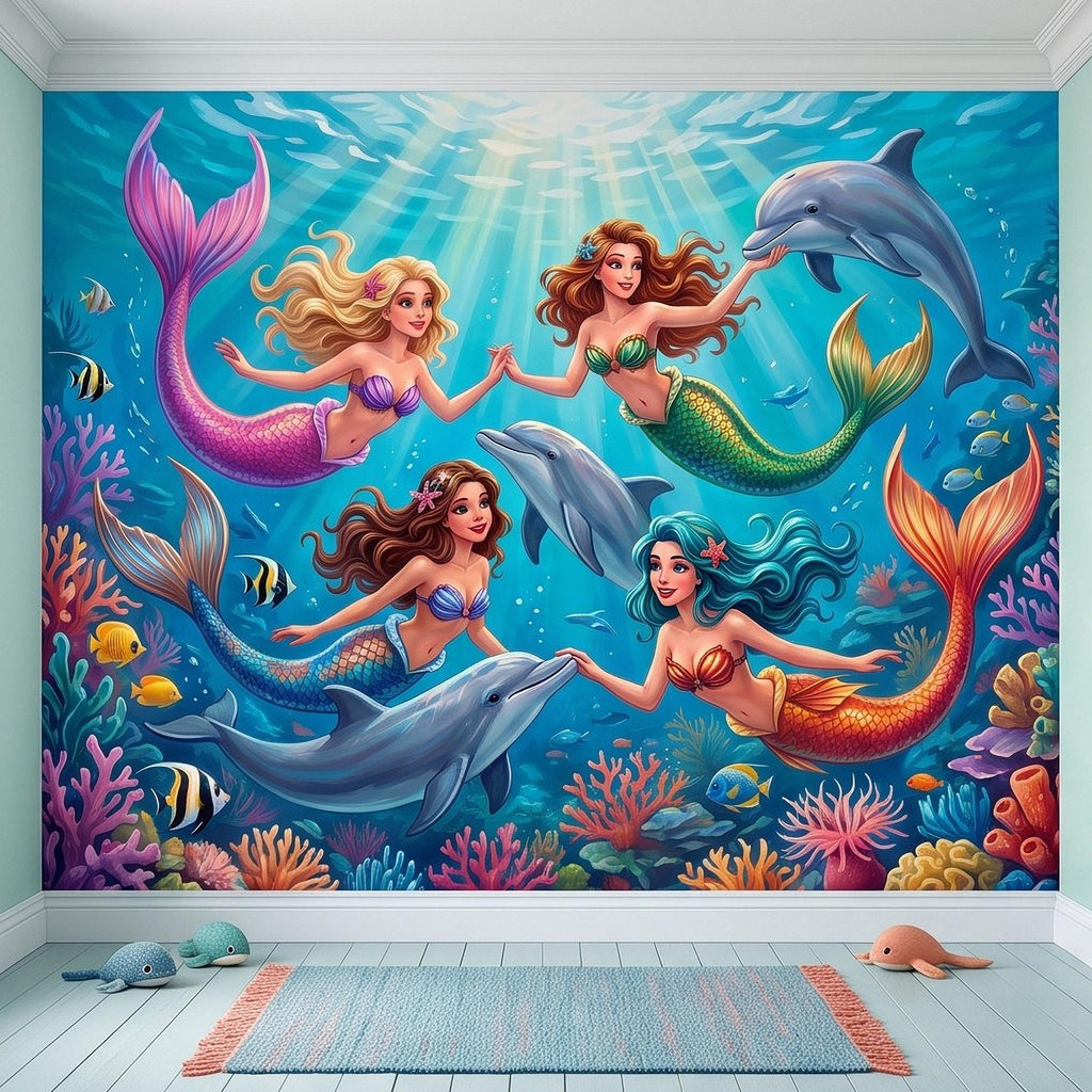 Mermaid Ocean Peel and Stick Wall Mural, Underwater Mermaid and Dolphin Adventure Colorful Coral Reef Fantasy Kids Illustration Wallpaper