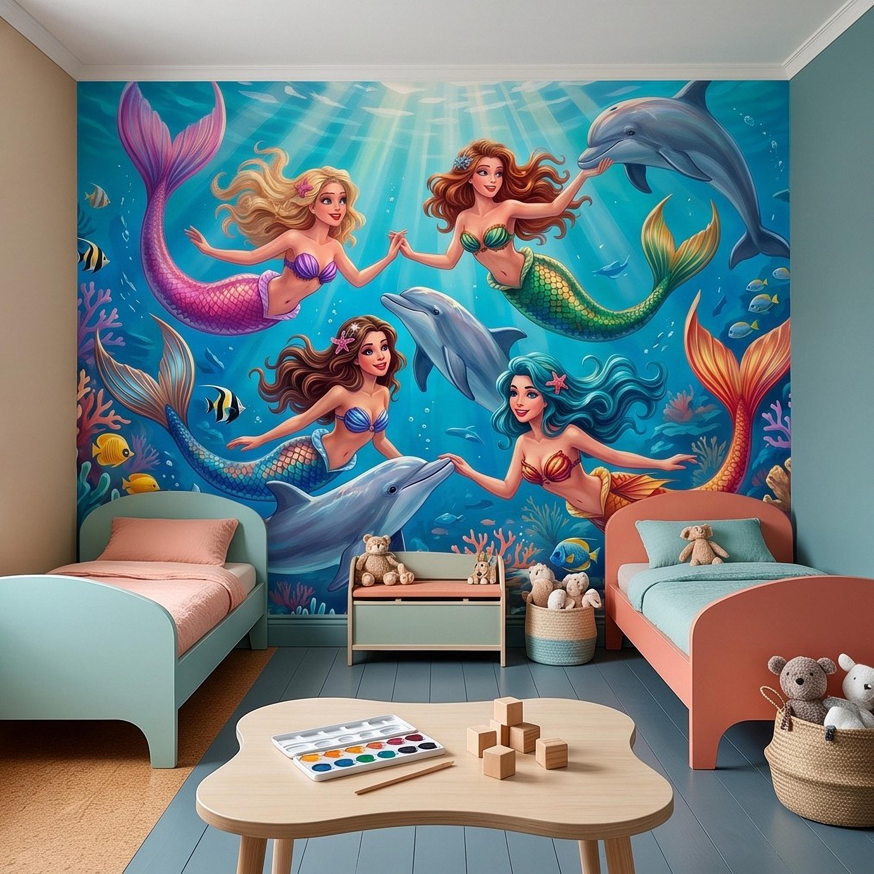 Mermaid Ocean Peel and Stick Wall Mural, Underwater Mermaid and Dolphin Adventure Colorful Coral Reef Fantasy Kids Illustration Wallpaper
