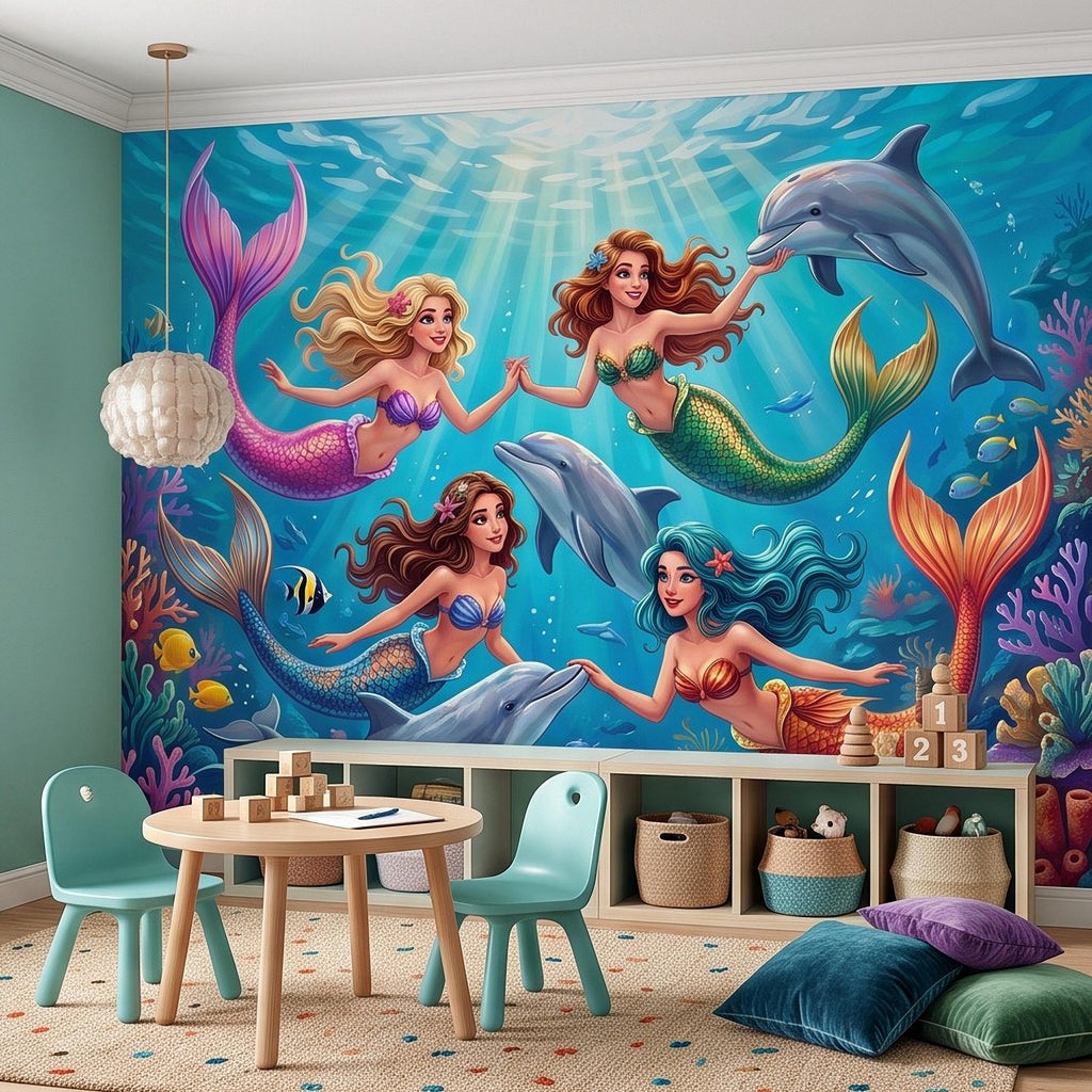 Mermaid Ocean Peel and Stick Wall Mural, Underwater Mermaid and Dolphin Adventure Colorful Coral Reef Fantasy Kids Illustration Wallpaper