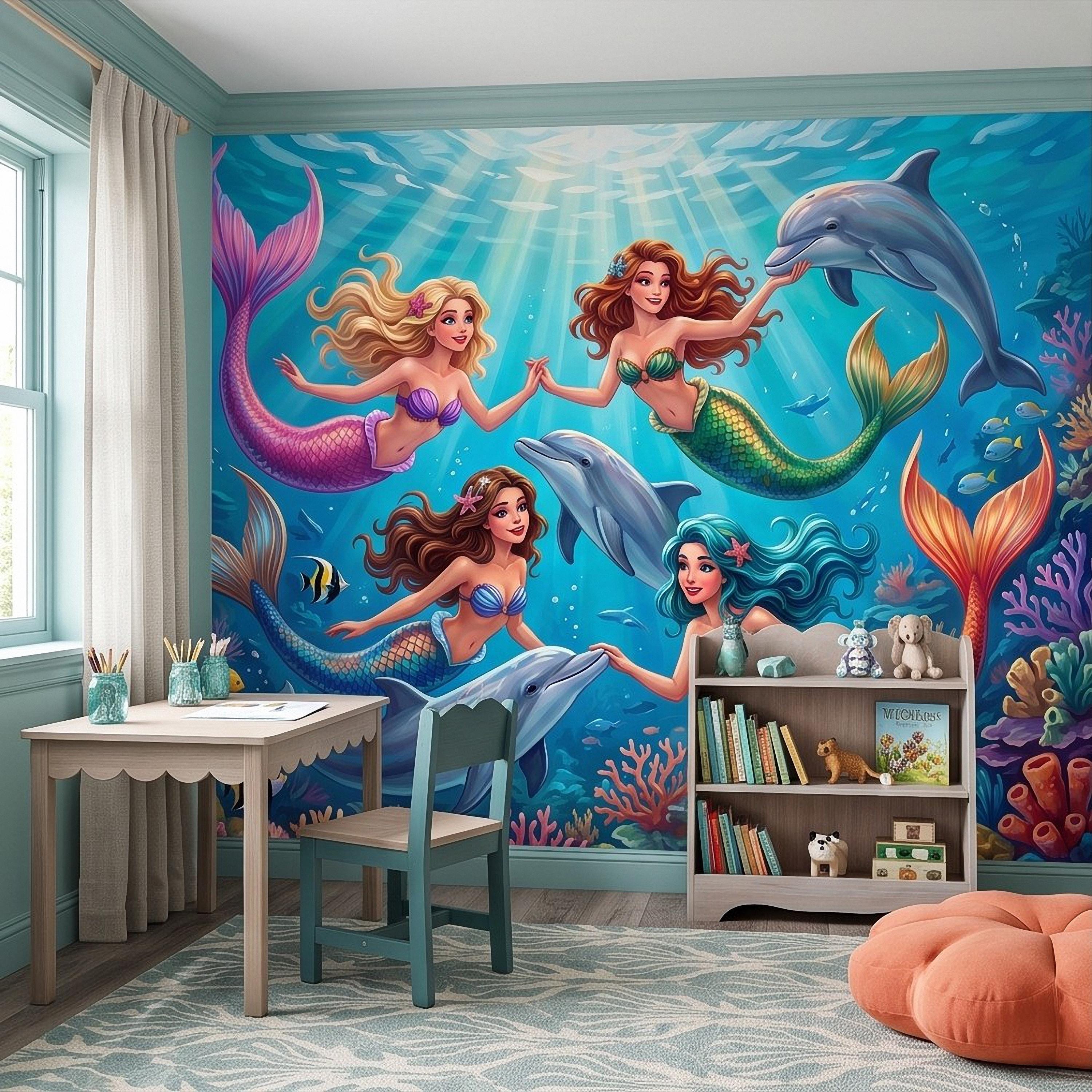 Mermaid Ocean Peel and Stick Wall Mural, Underwater Mermaid and Dolphin Adventure Colorful Coral Reef Fantasy Kids Illustration Wallpaper