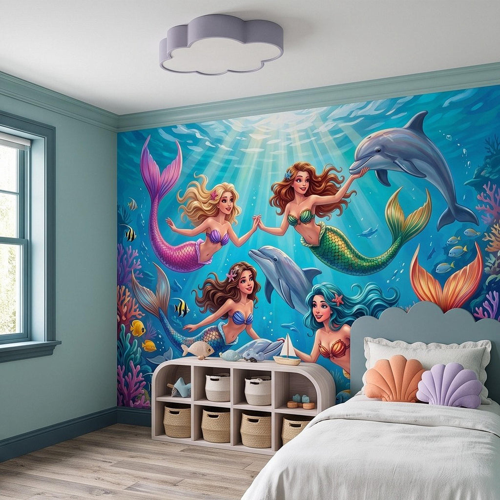 Mermaid Ocean Peel and Stick Wall Mural, Underwater Mermaid and Dolphin Adventure Colorful Coral Reef Fantasy Kids Illustration Wallpaper