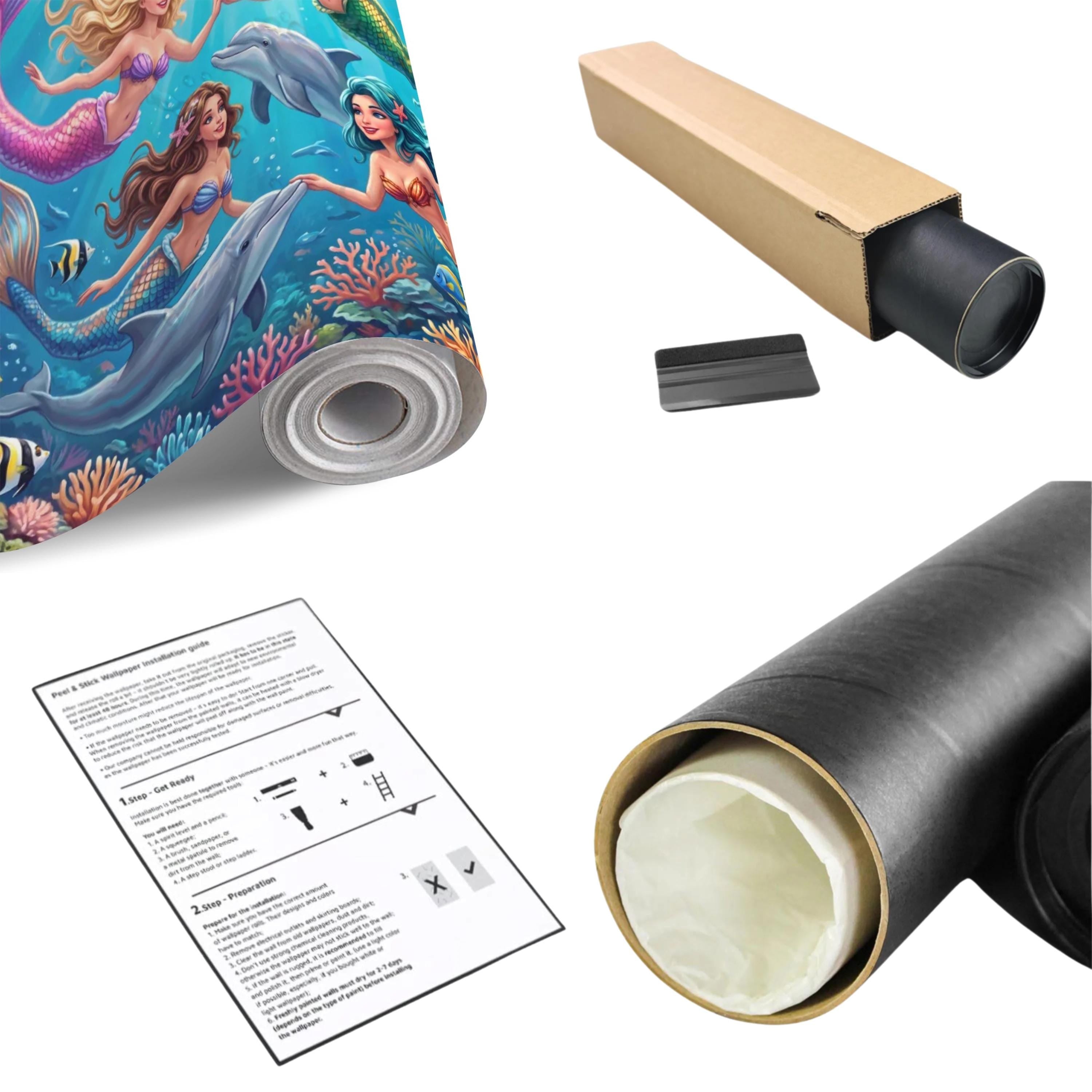 Mermaid Ocean Peel and Stick Wall Mural, Underwater Mermaid and Dolphin Adventure Colorful Coral Reef Fantasy Kids Illustration Wallpaper