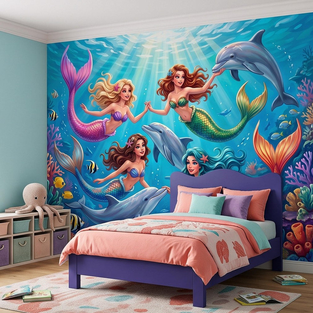 Mermaid Ocean Peel and Stick Wall Mural, Underwater Mermaid and Dolphin Adventure Colorful Coral Reef Fantasy Kids Illustration Wallpaper