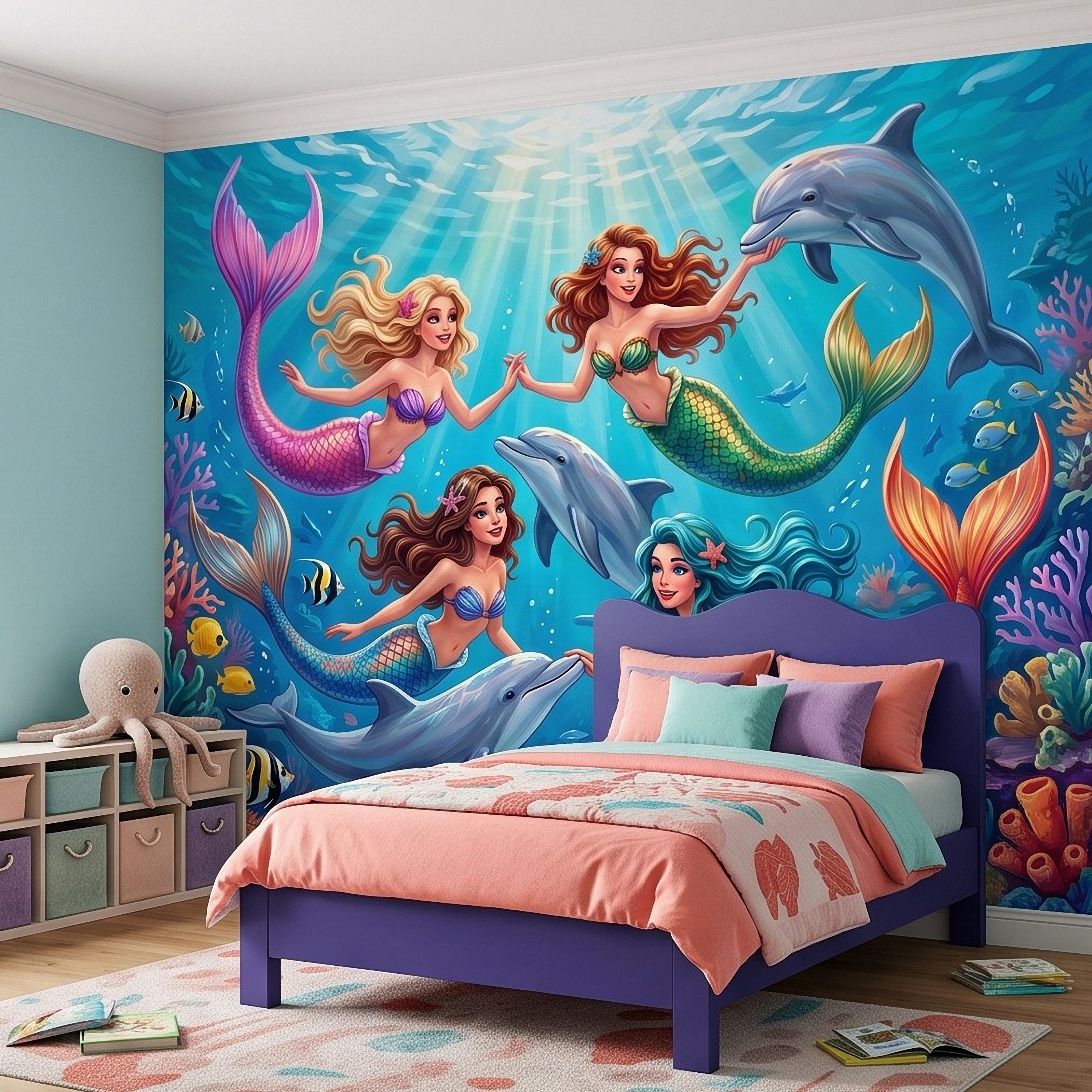 Mermaid Ocean Peel and Stick Wall Mural, Underwater Mermaid and Dolphin Adventure Colorful Coral Reef Fantasy Kids Illustration Wallpaper