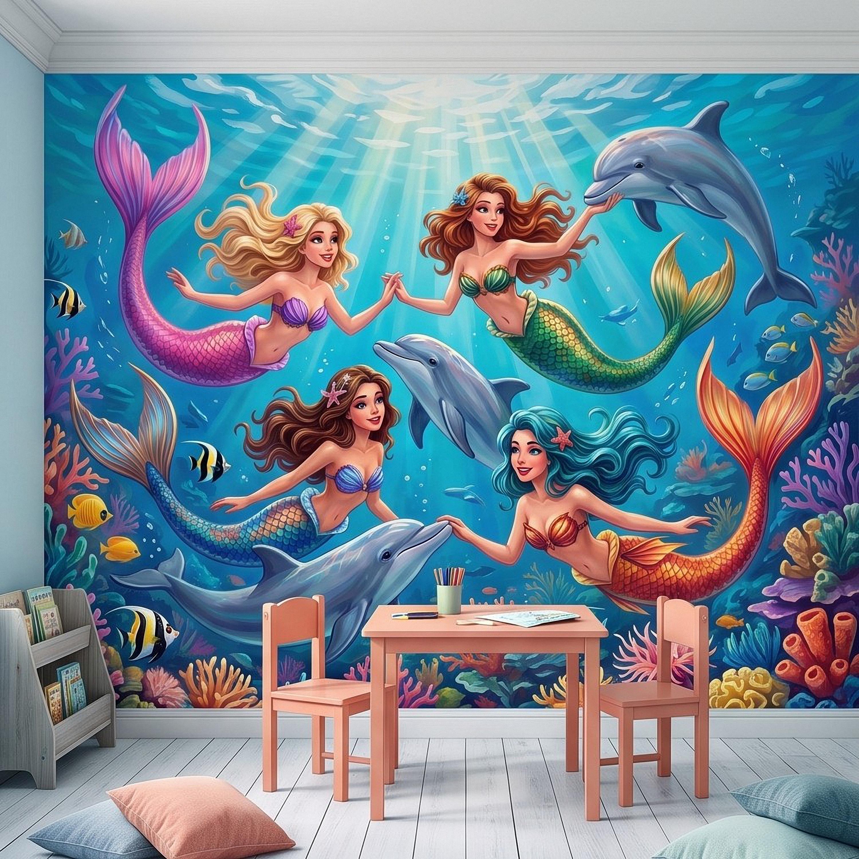 Mermaid Ocean Peel and Stick Wall Mural, Underwater Mermaid and Dolphin Adventure Colorful Coral Reef Fantasy Kids Illustration Wallpaper