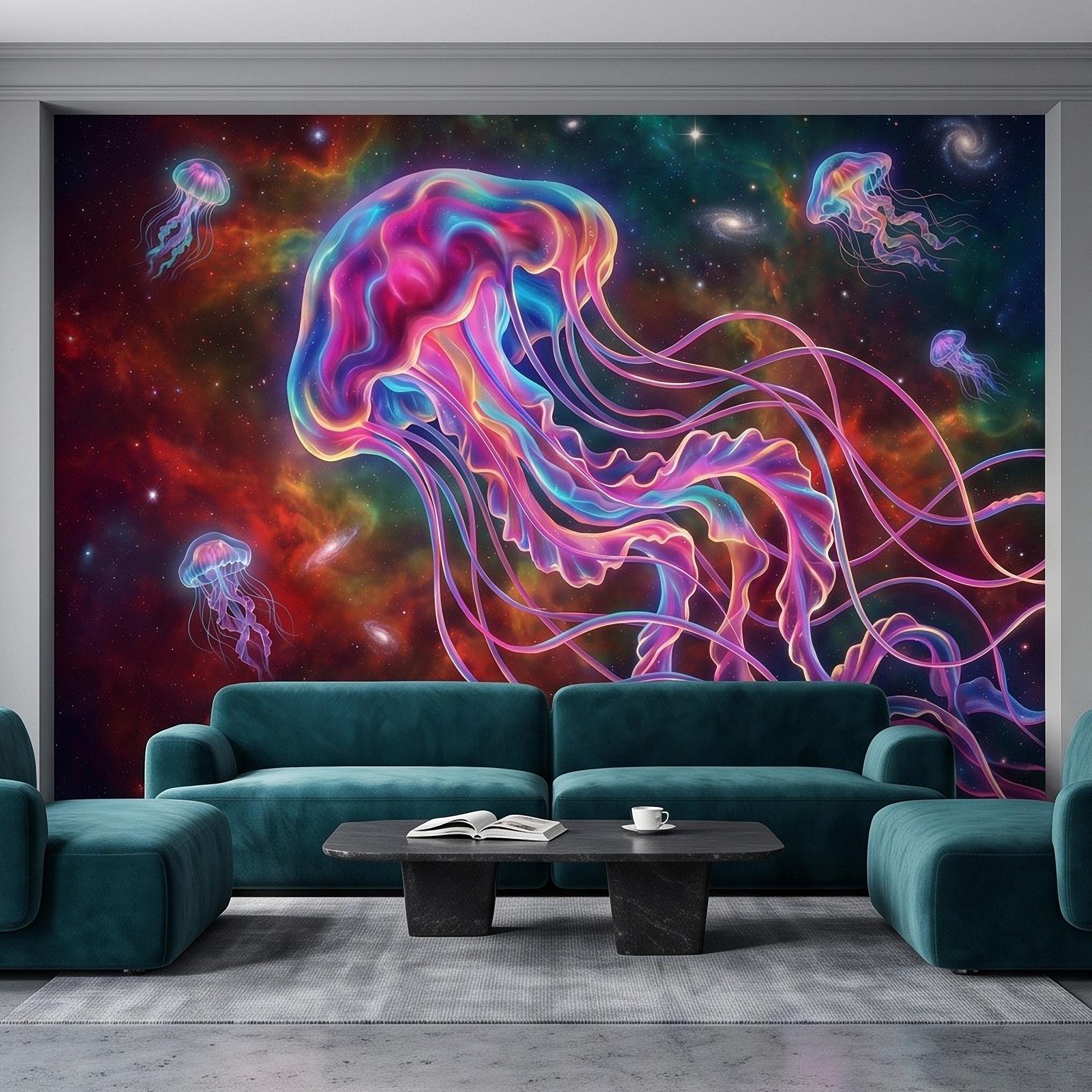 Cosmic Jellyfish Peel and Stick Wall Mural, Colorful Galaxy Nebula Space Fantasy Glowing Celestial Jellyfish Psychedelic Art Wallpaper